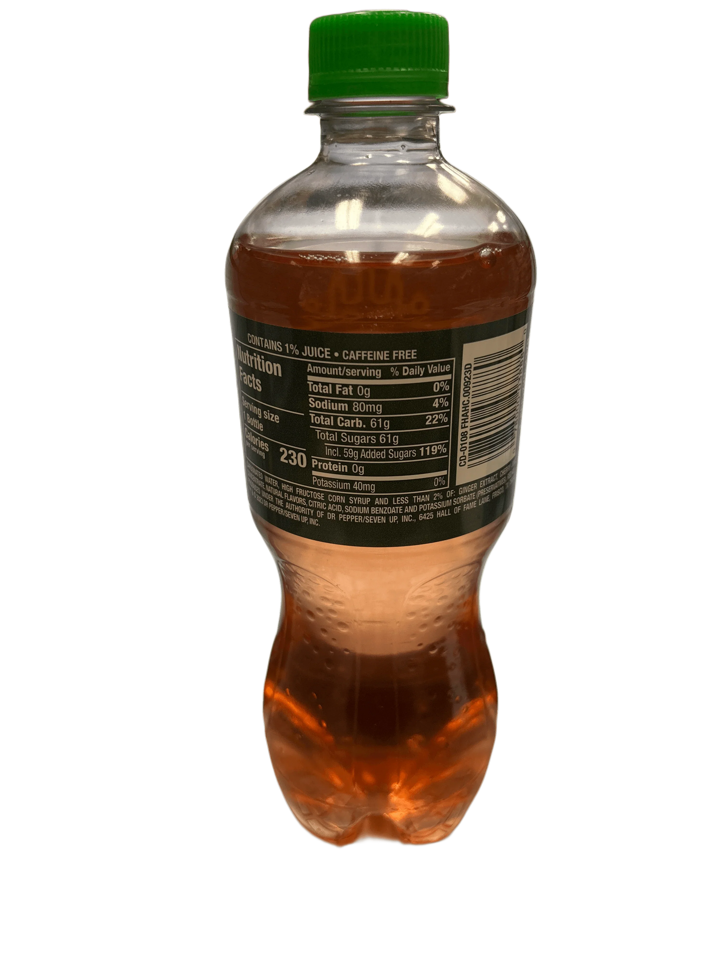 Imported exotic bottled drink with green cap and visible nutrition facts label