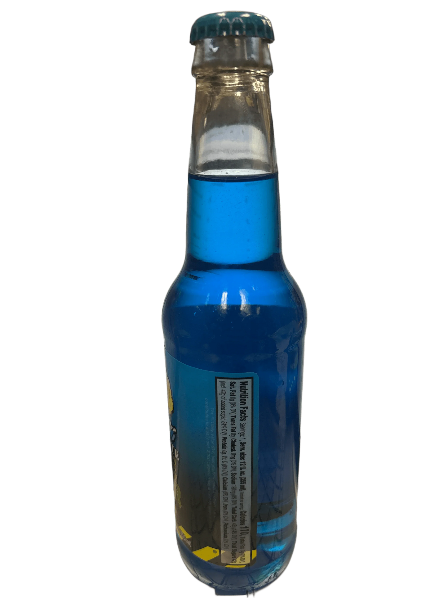 Glass bottle filled with bright blue exotic soda, unique international drink
