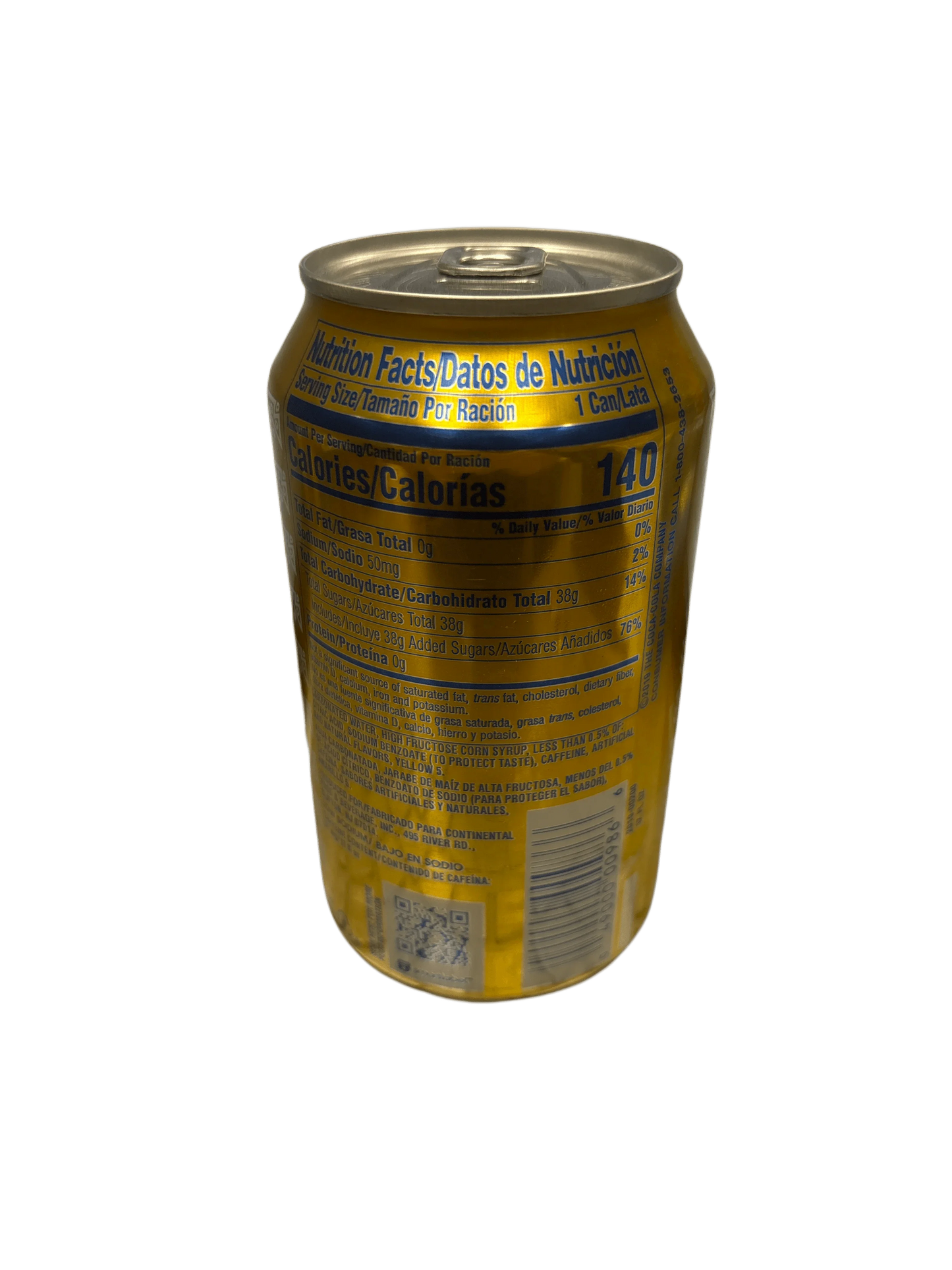 Yellow soda can showing nutrition facts and barcode, isolated on black background.