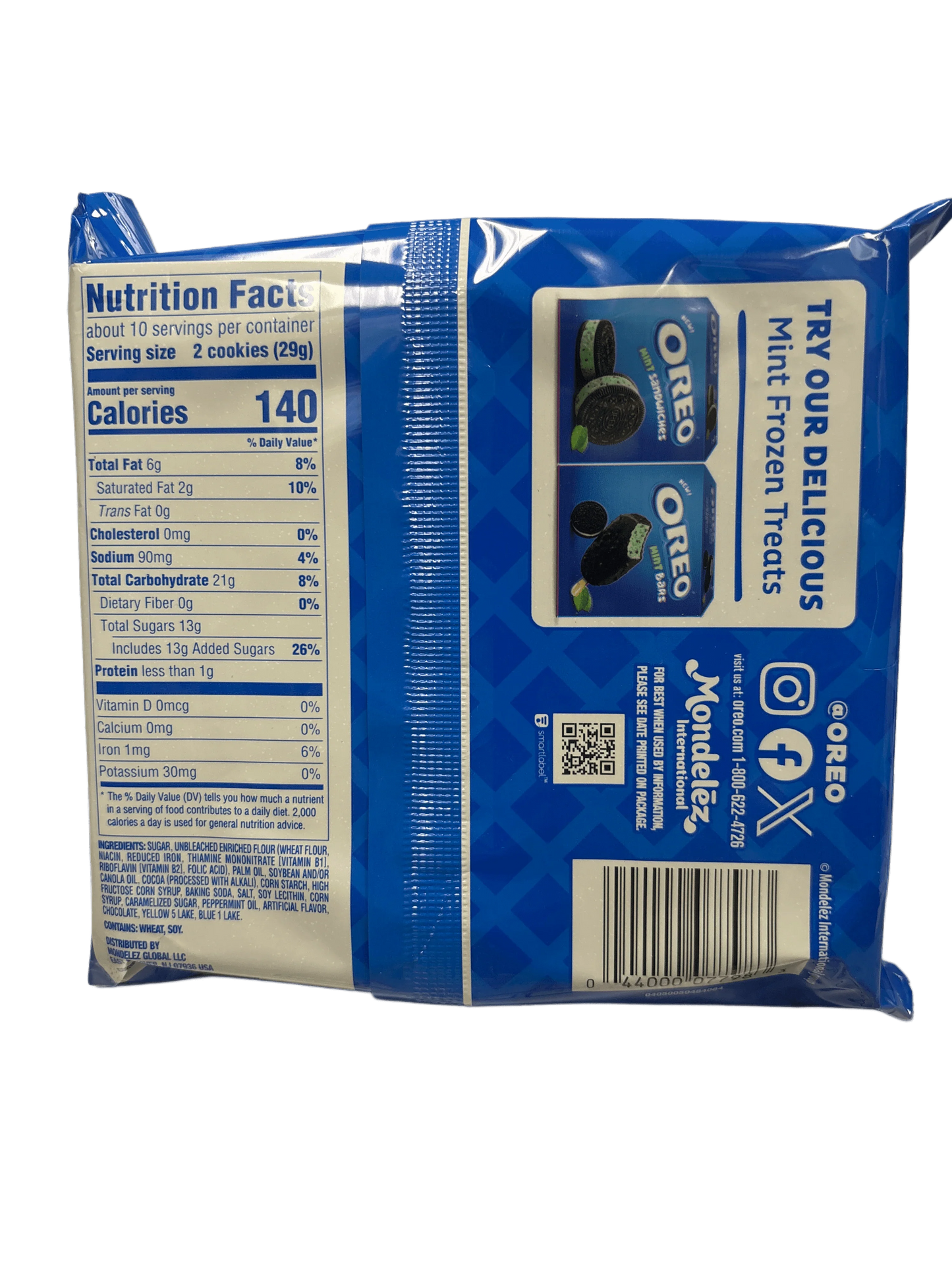 Back of Oreo mint cookies package showing nutrition facts and product promotions