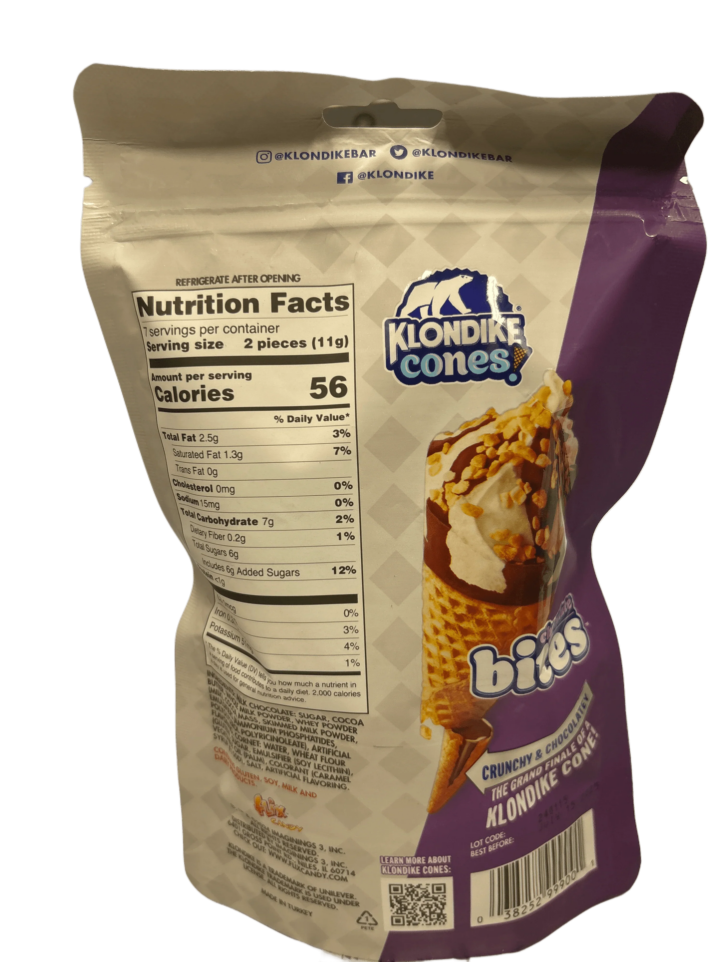 Klondike Cones Bites bag showing nutrition facts, crunchy chocolate ice cream cone snack