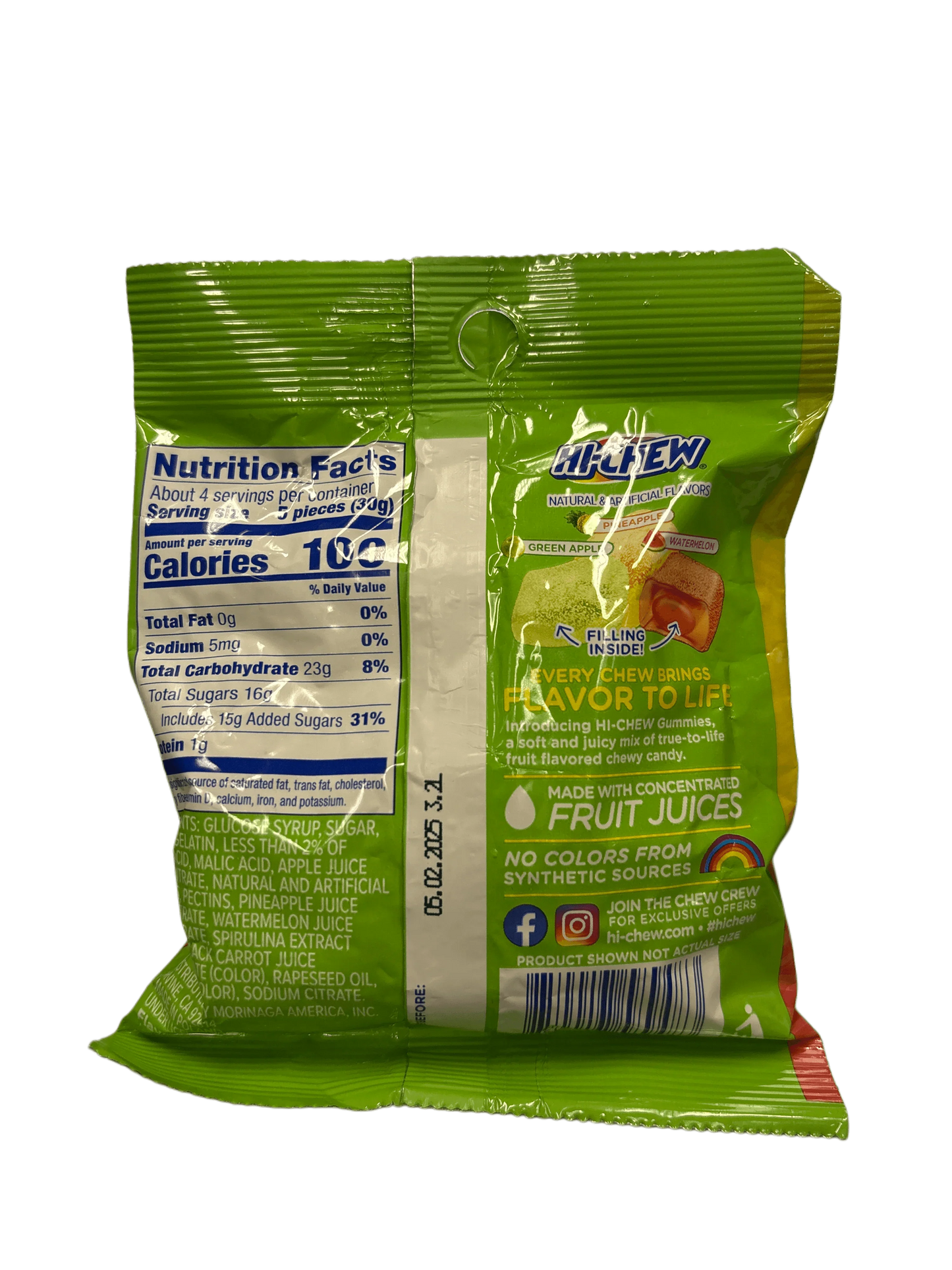 Back of Hi-Chew gummies green apple pineapple watermelon candy bag with nutrition facts