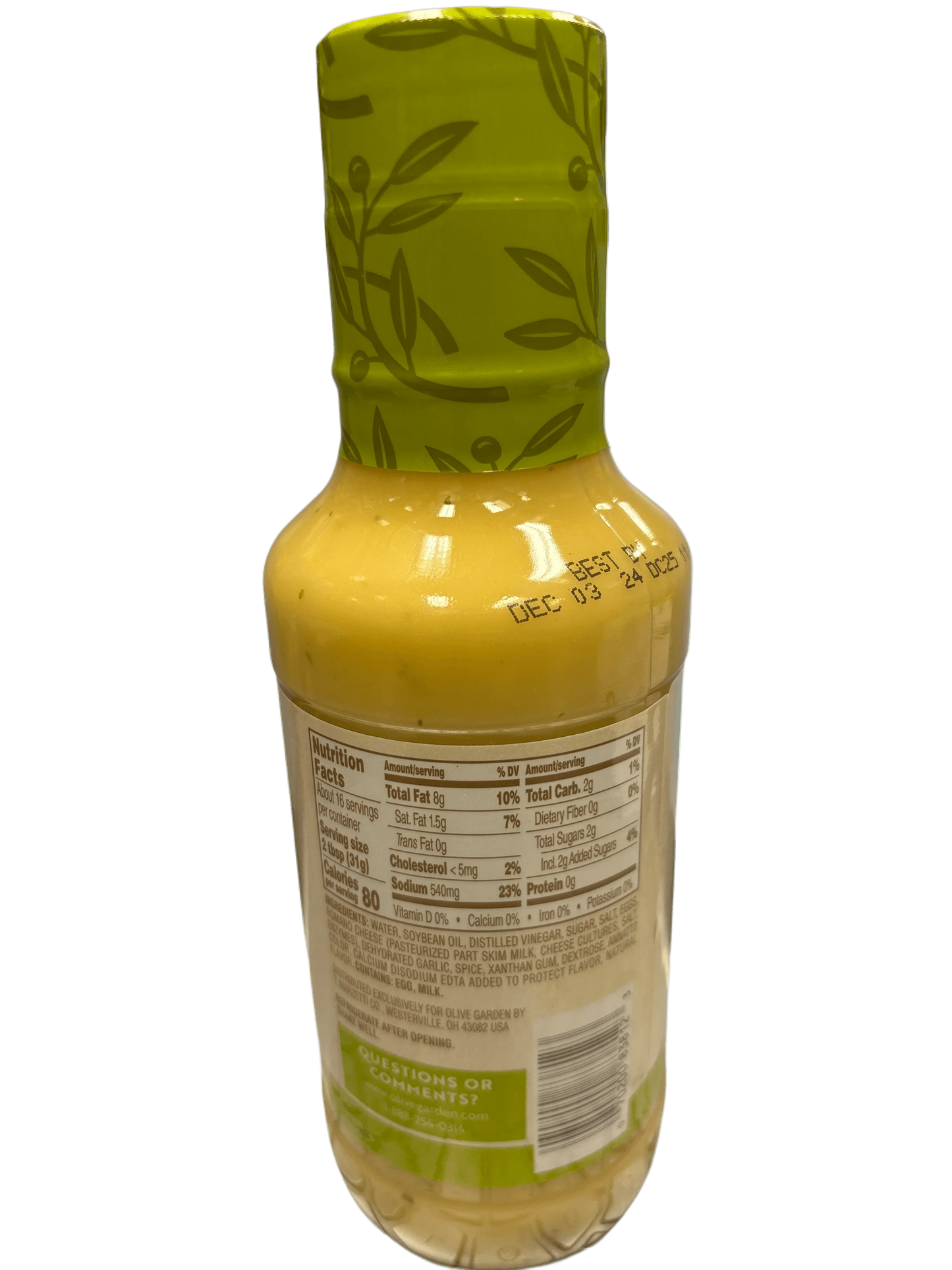 Imported yellow salad dressing bottle with green cap and nutrition label visible