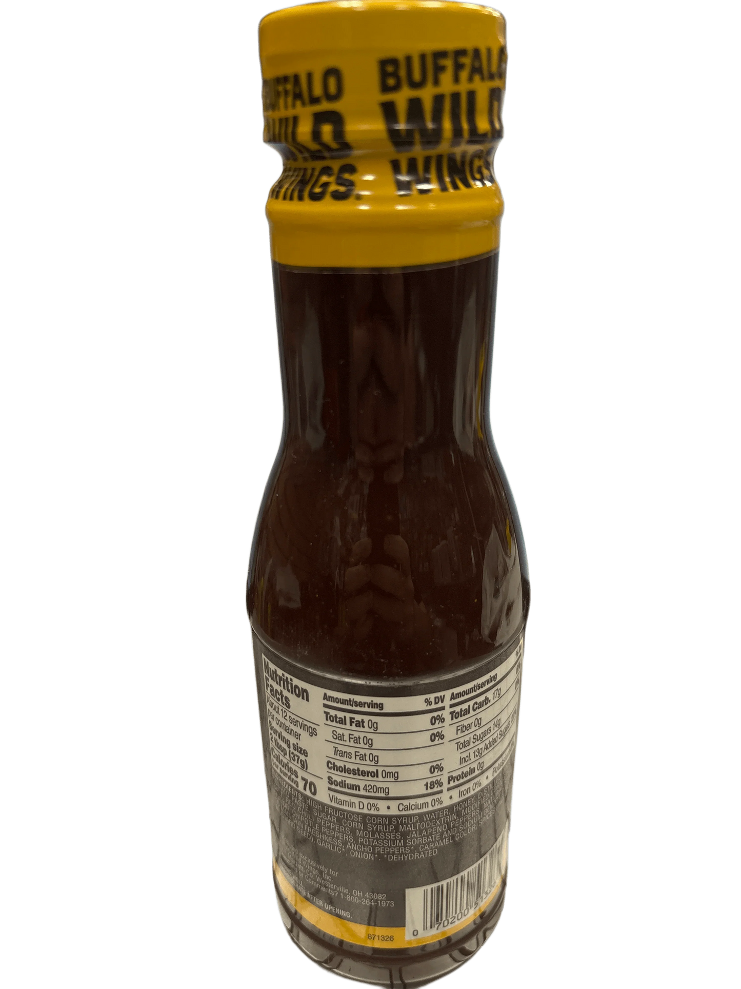 Buffalo Wild Wings sauce bottle with nutrition facts, imported snacks category