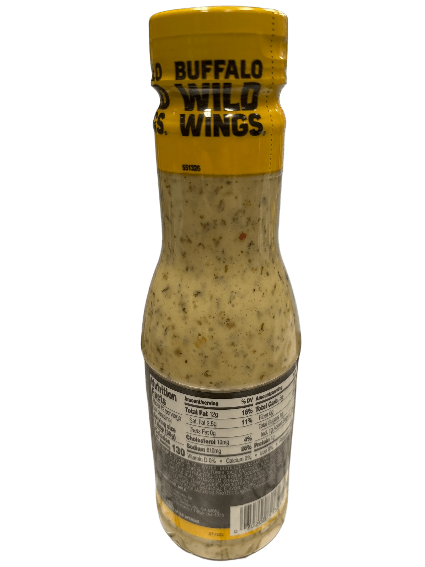 Buffalo Wild Wings ranch dressing bottle with nutrition label, exotic savory condiment