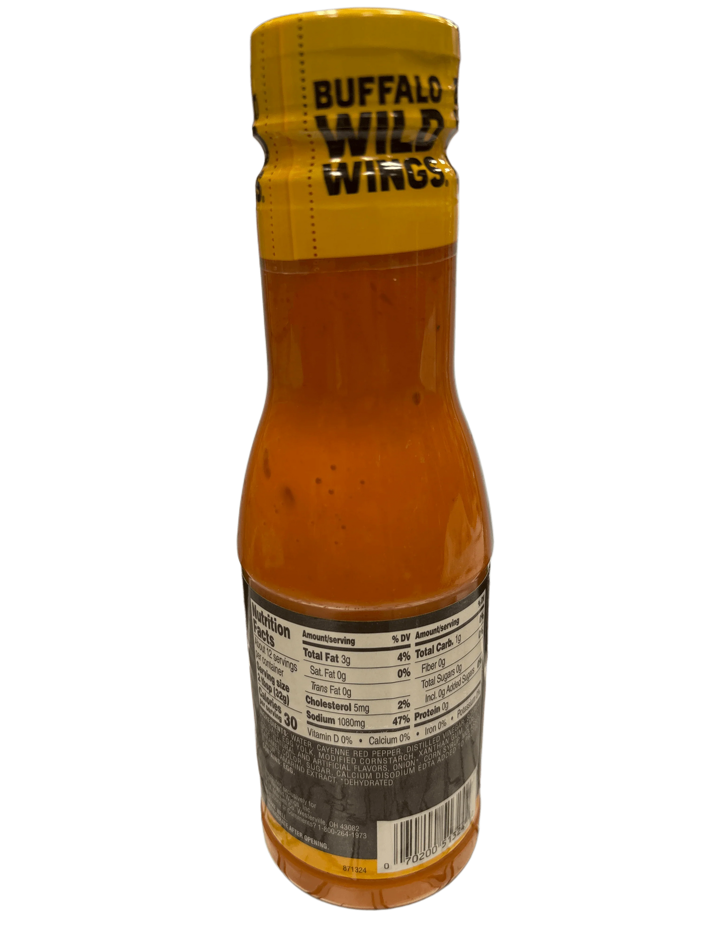 Buffalo Wild Wings sauce bottle with orange hot sauce and nutrition label