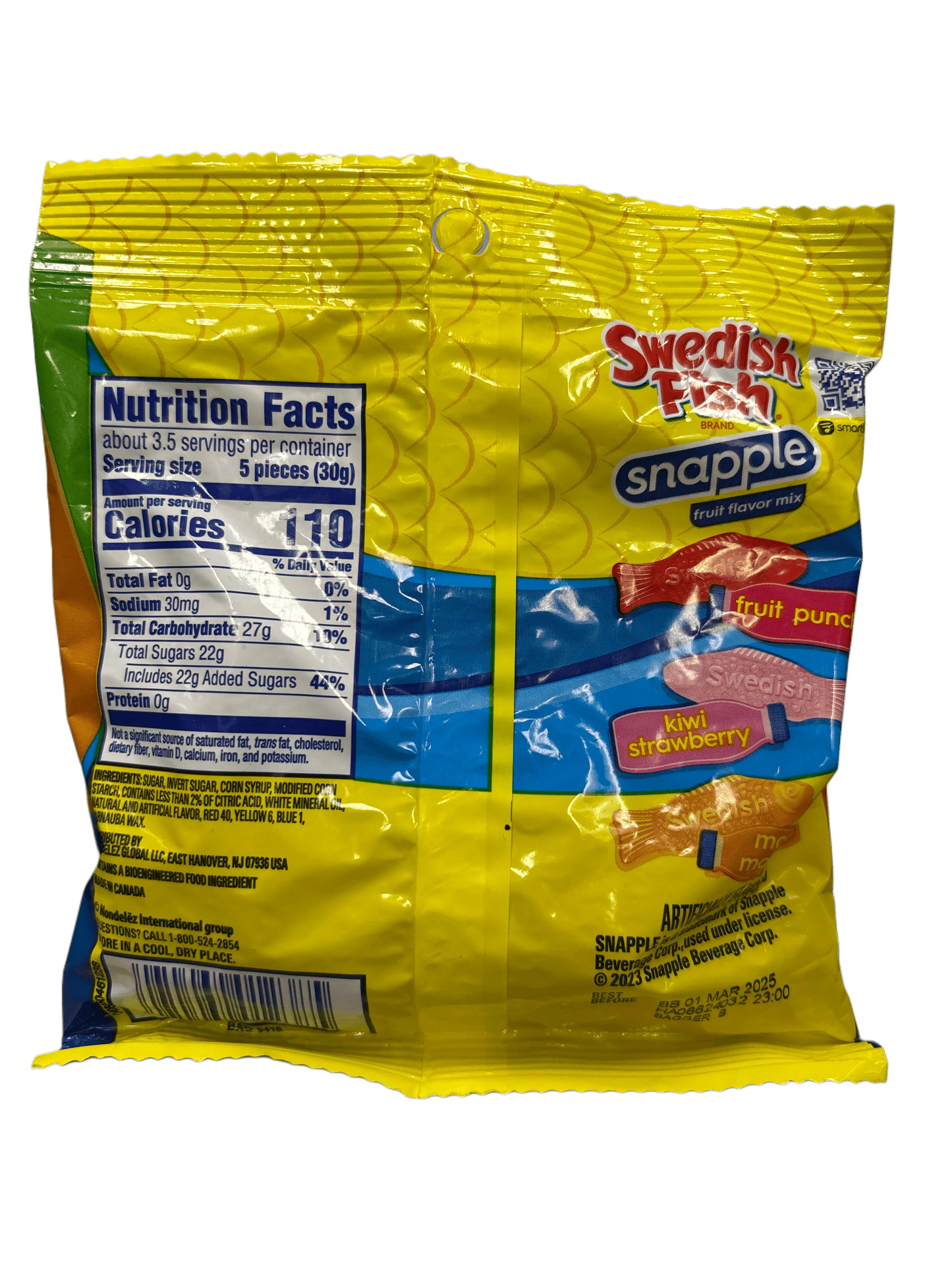 Back of Swedish Fish Snapple fruit flavor mix candy bag with nutrition facts.