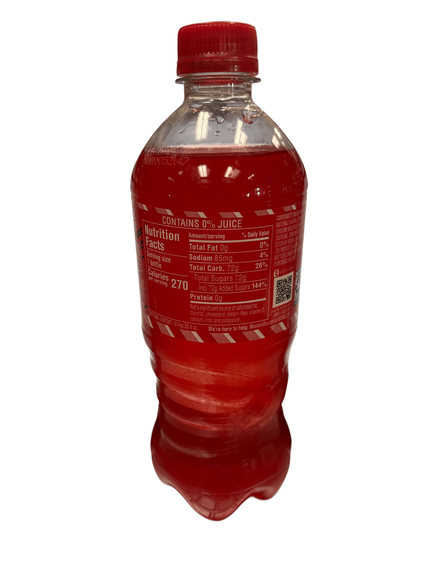 Red exotic soda bottle with nutrition facts label, imported international drink