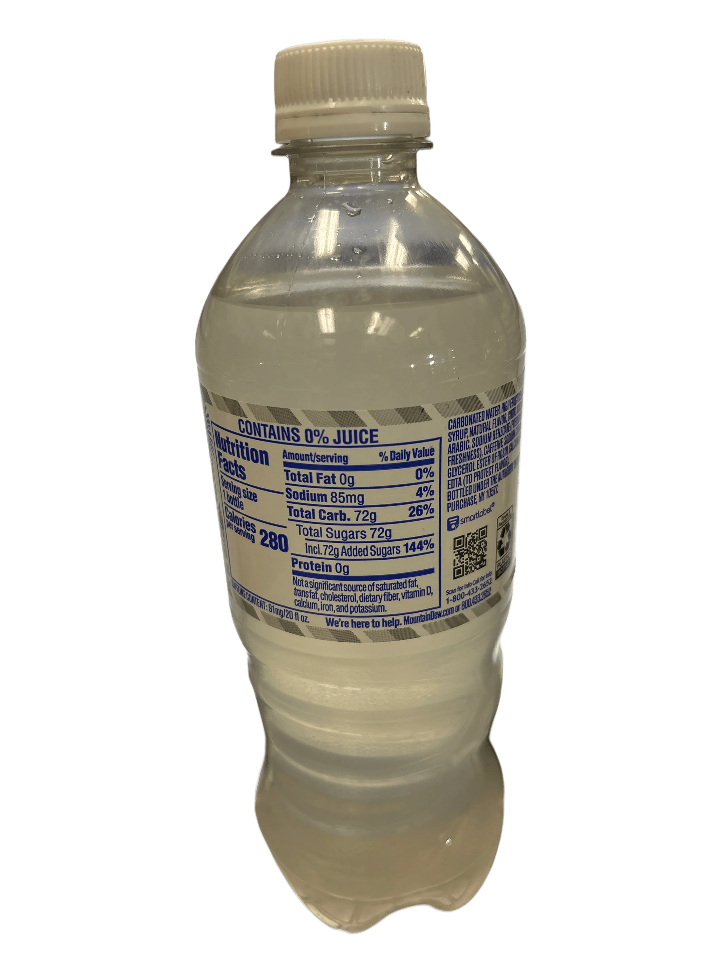 Clear soda bottle with nutrition facts label, exotic imported drink