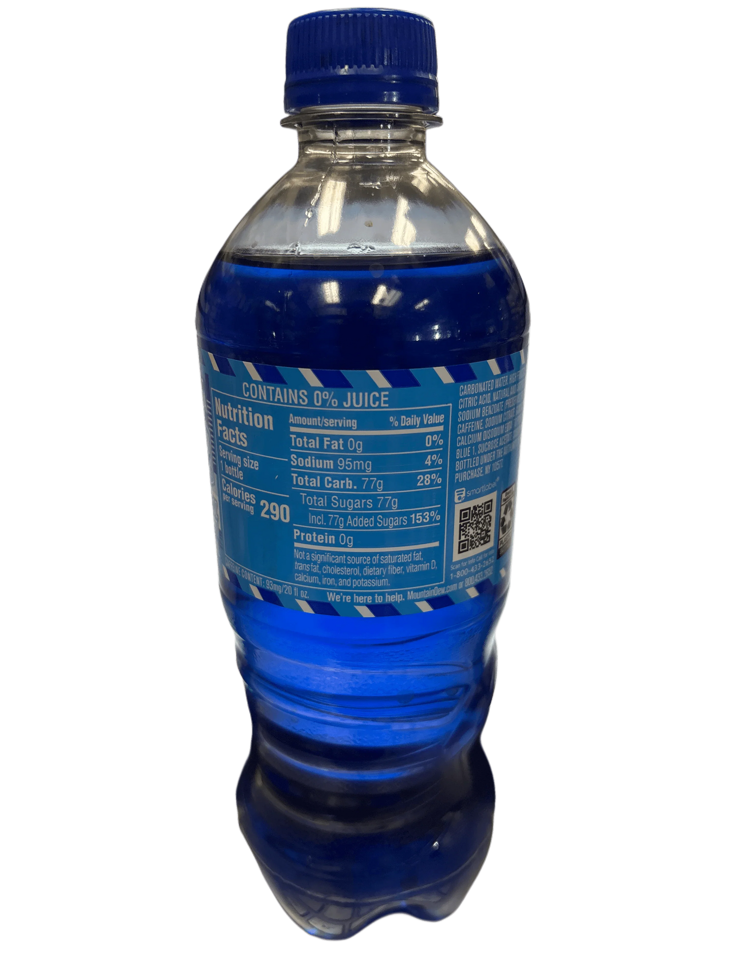 Blue exotic soda in clear plastic bottle with nutrition label, imported drink