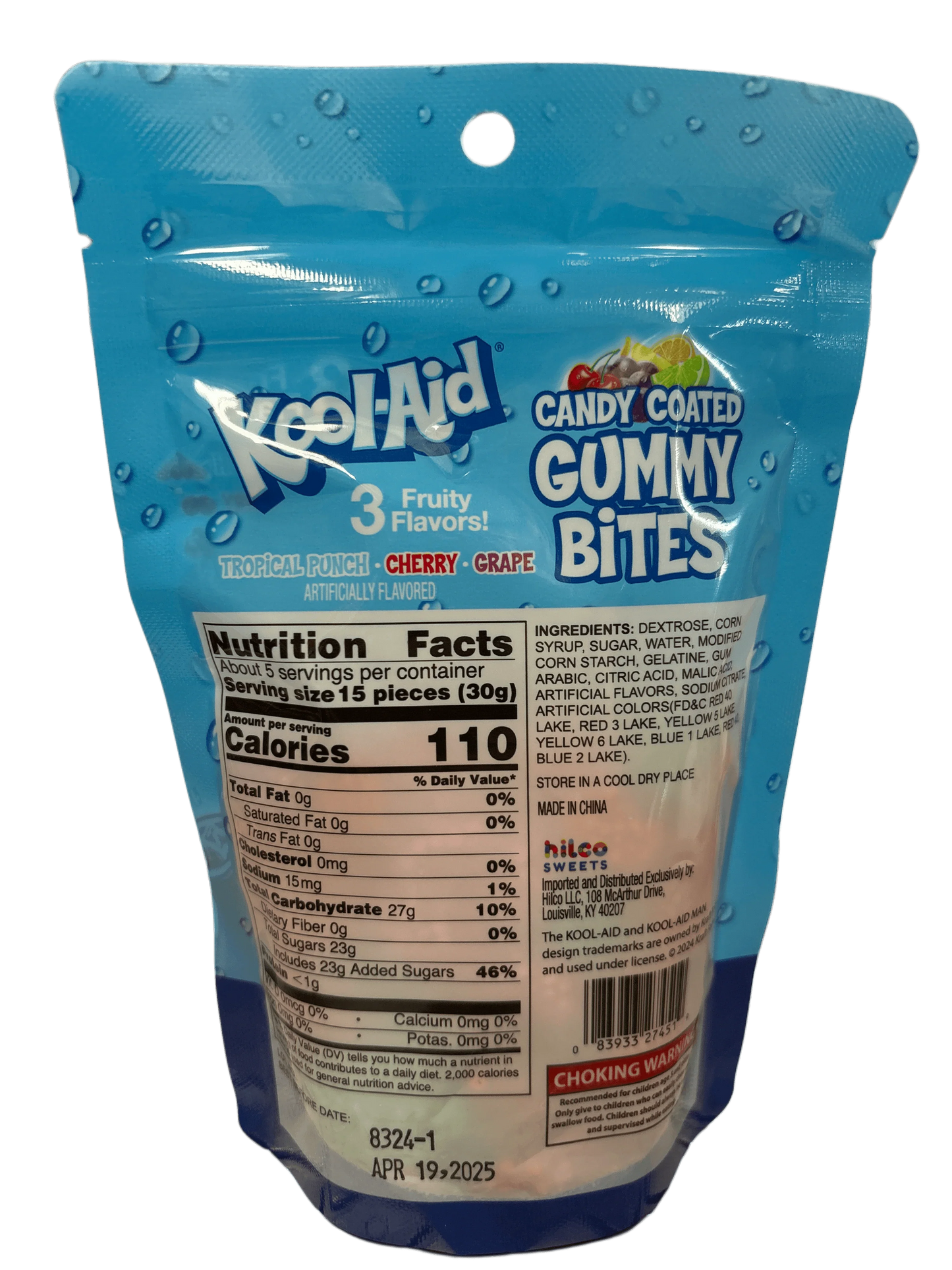 Back of Kool-Aid Candy Coated Gummy Bites bag with nutrition facts and product info