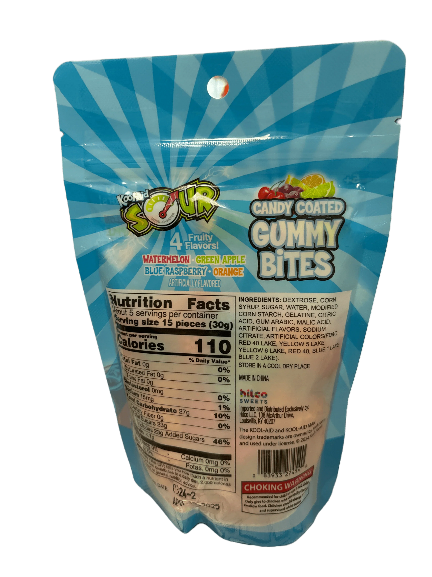 Back of Kool-Aid Sour Candy Coated Gummy Bites bag showing nutrition and ingredients