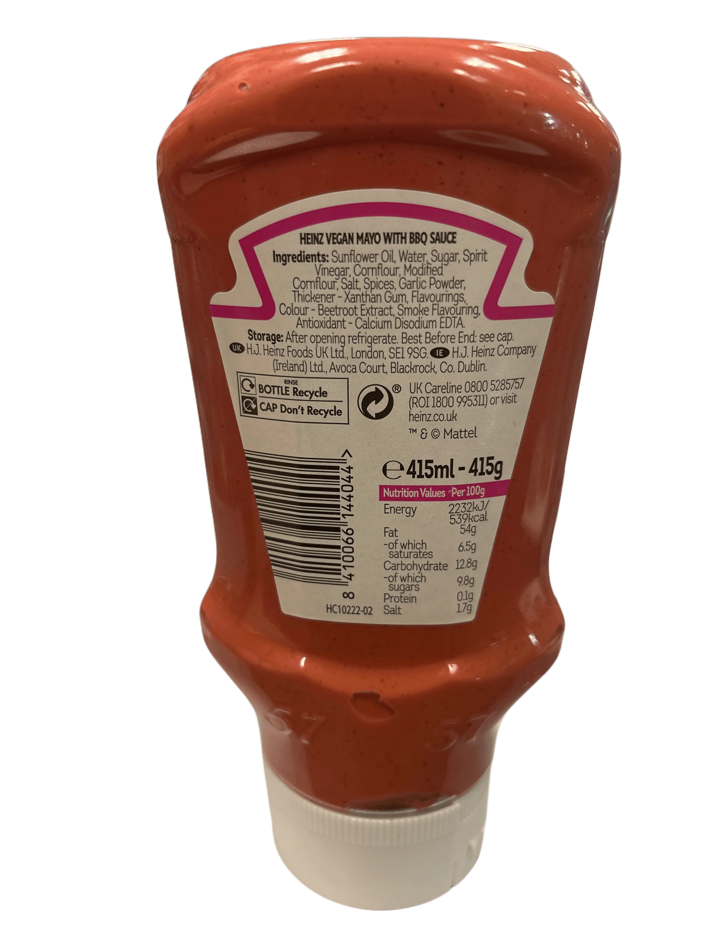 Back of Heinz vegan mayo with BBQ sauce bottle showing ingredients and nutrition label, 415ml.