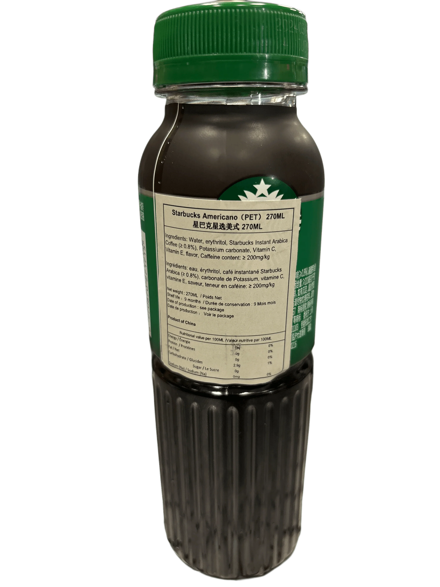 Imported Starbucks bottled Americano coffee drink with green lid, 270ml, product label visible.