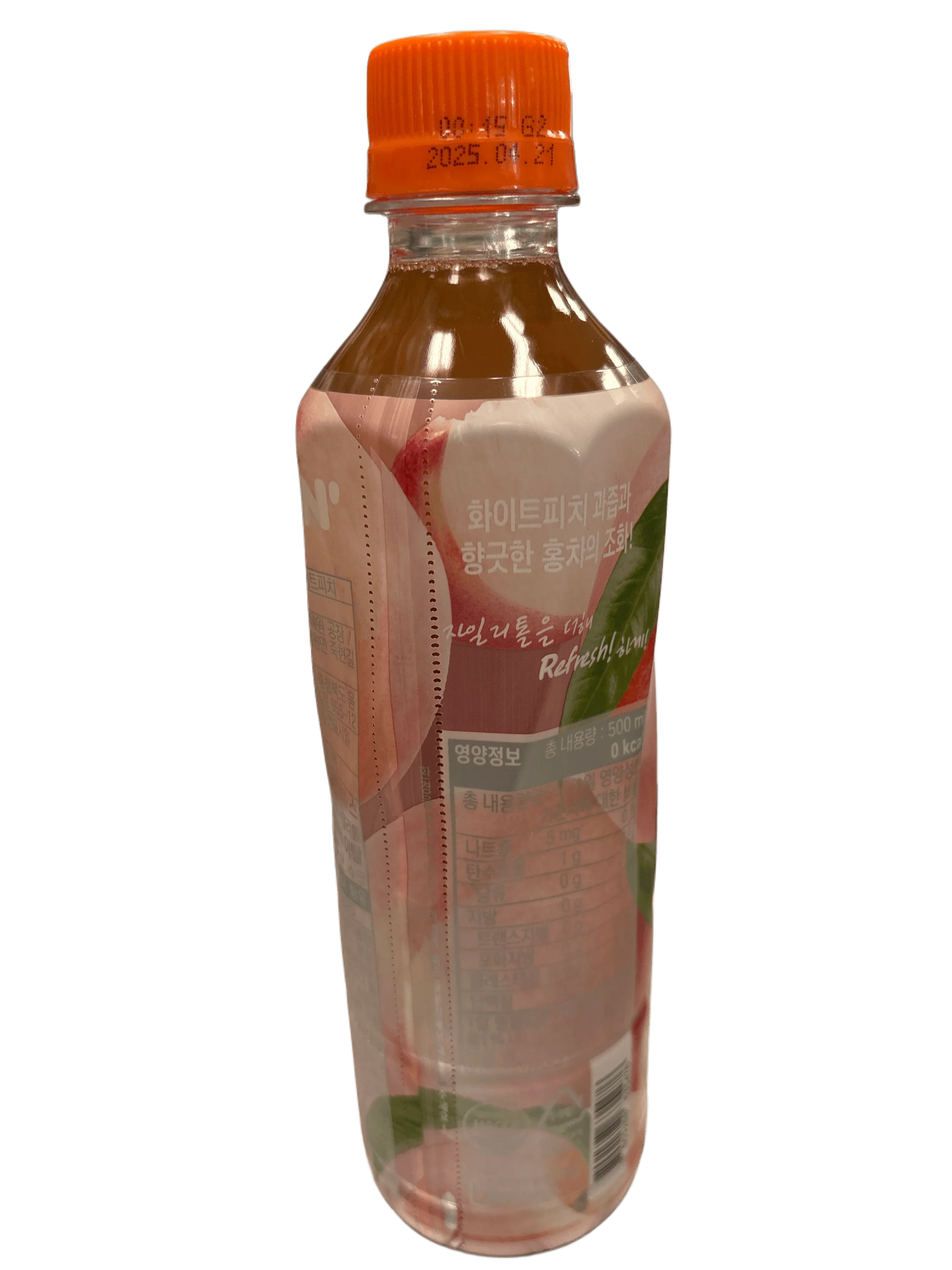 Korean peach flavored tea drink bottle with orange cap and pink label