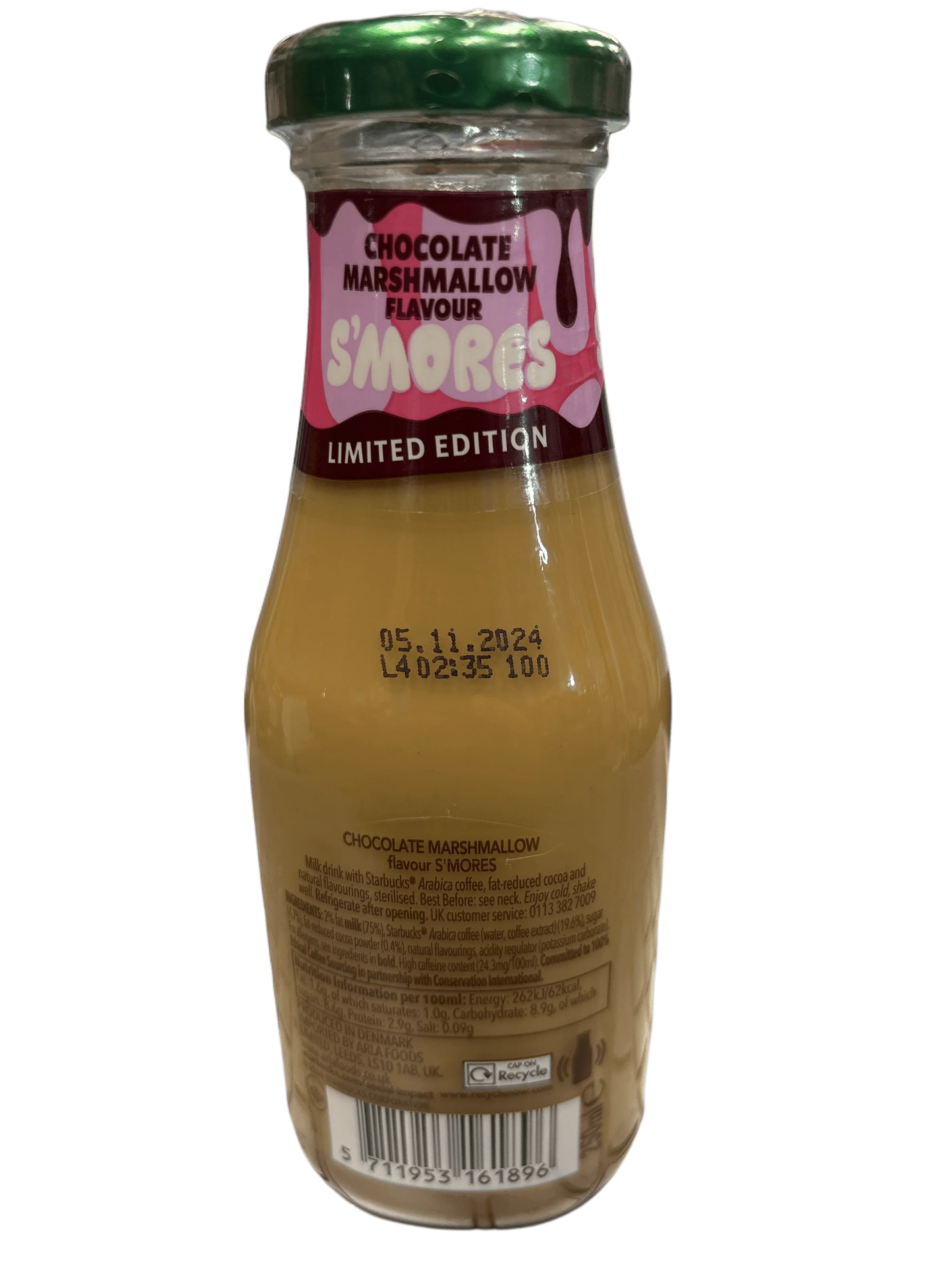 Limited edition chocolate marshmallow s'mores flavored drink in a glass bottle