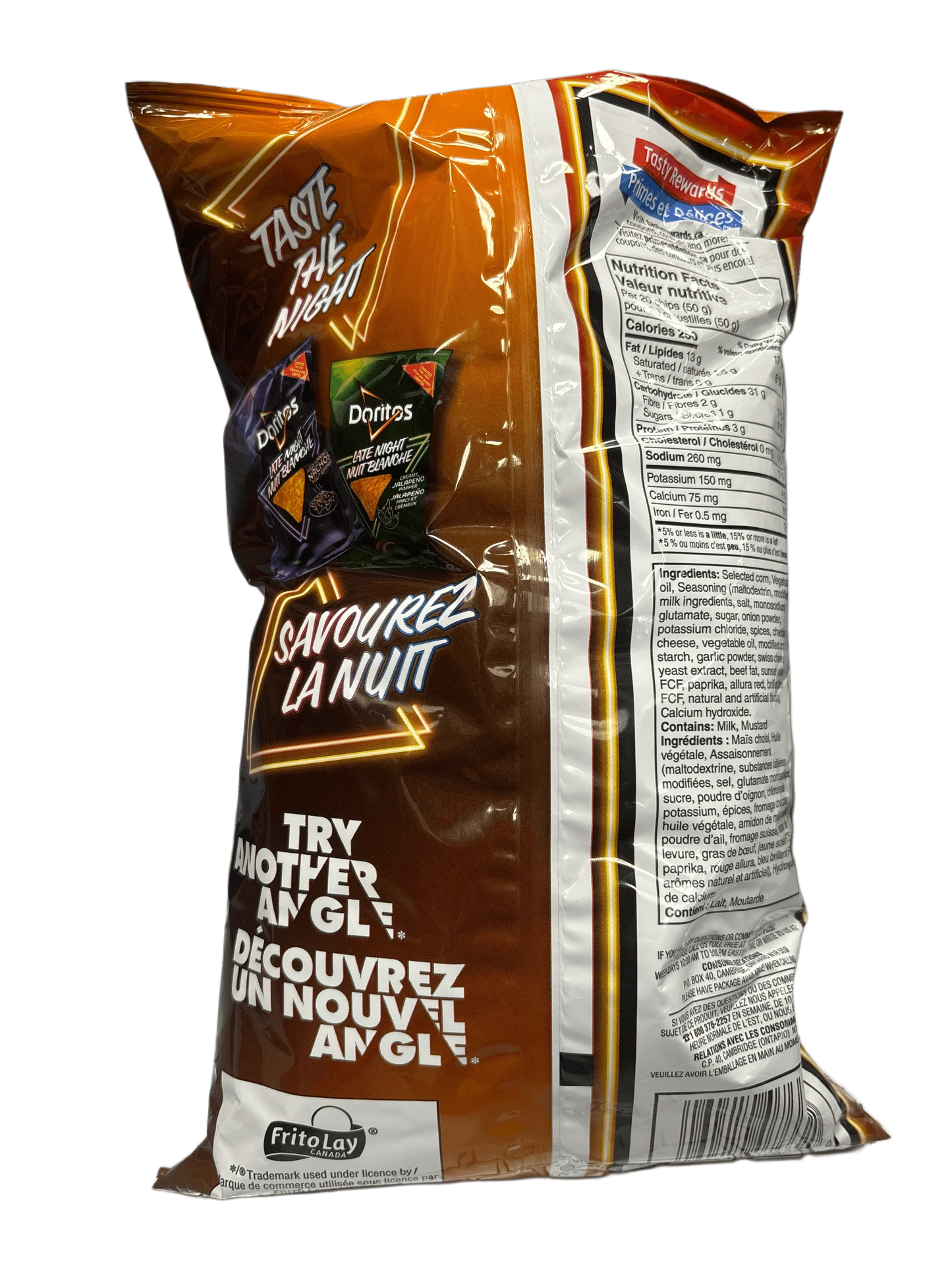 Back of Doritos Night snack bag with bold graphics and nutrition facts displayed