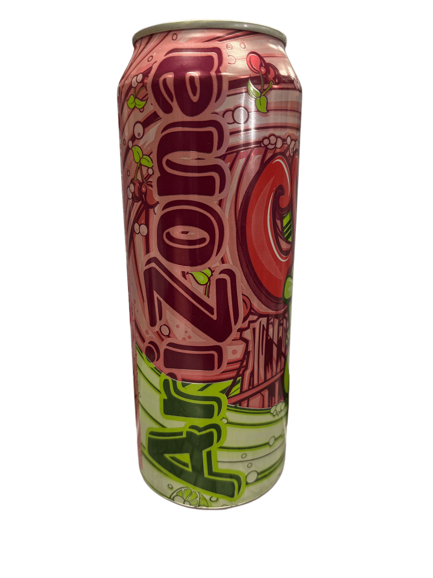 Tall can of Arizona cherry-flavored exotic drink with bold, colorful design and fruit graphics