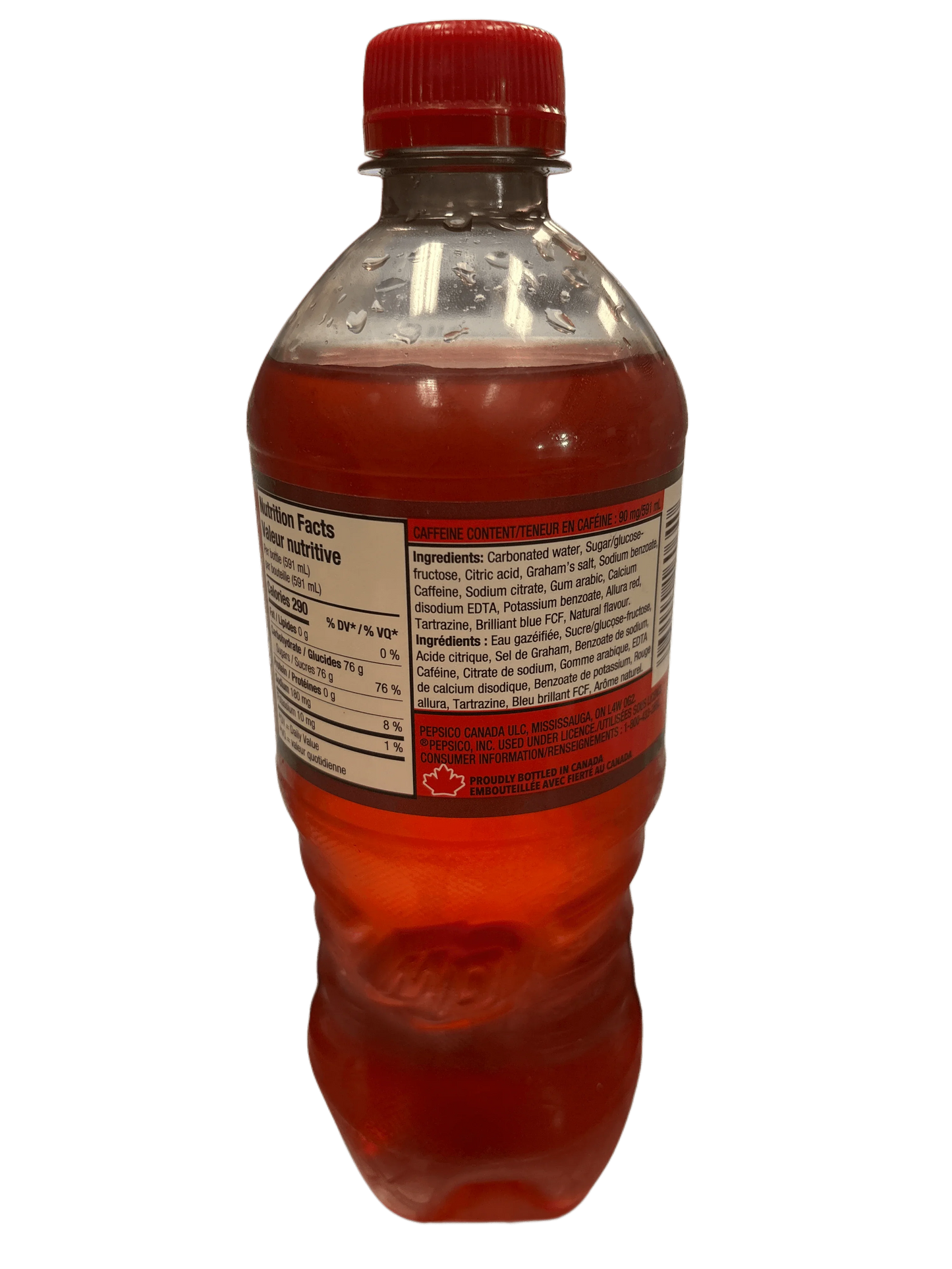 Red exotic soda bottle with condensation and visible nutrition facts label