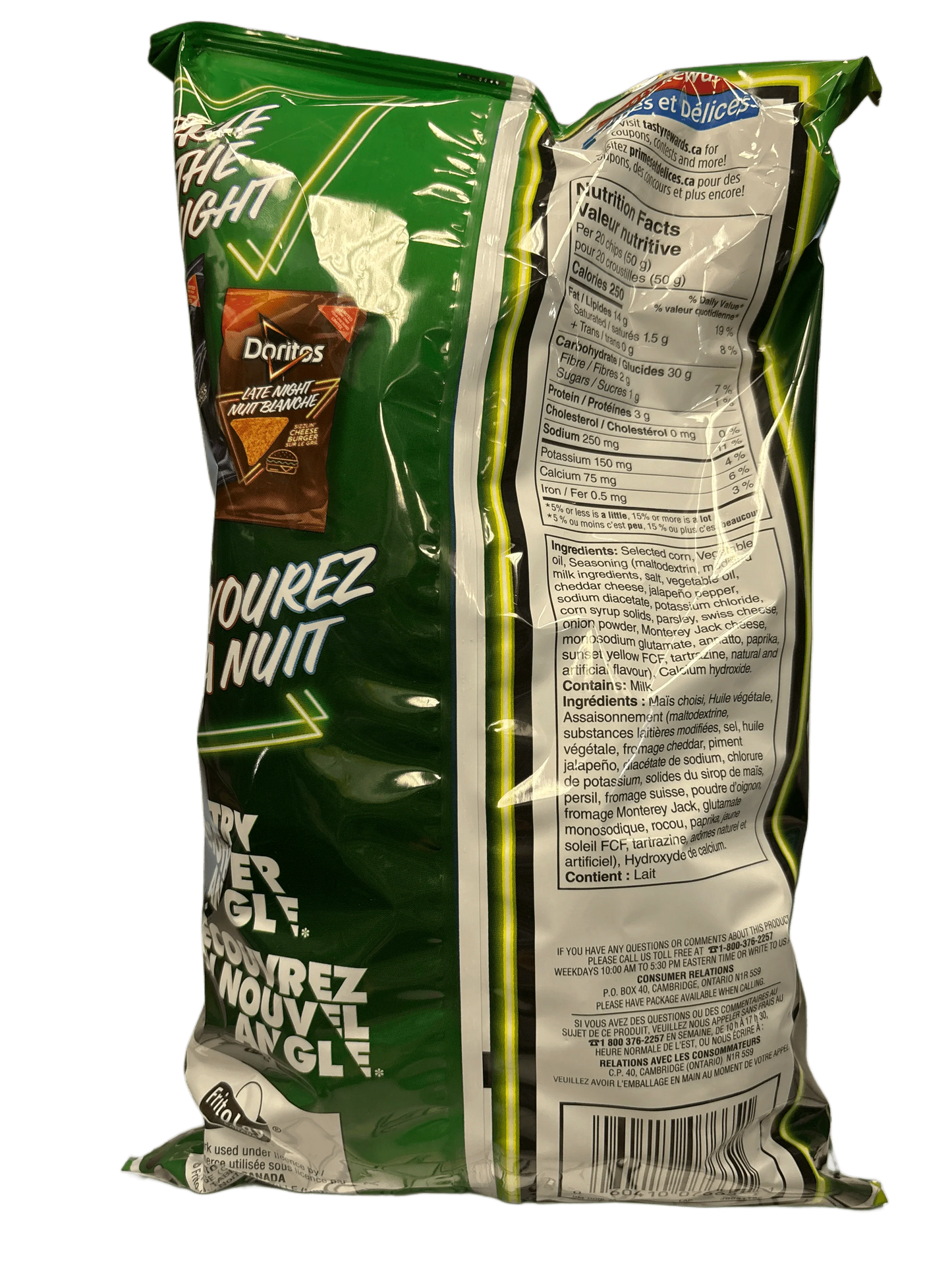 Back of Doritos Late Night chips bag with nutrition facts and ingredients, green packaging