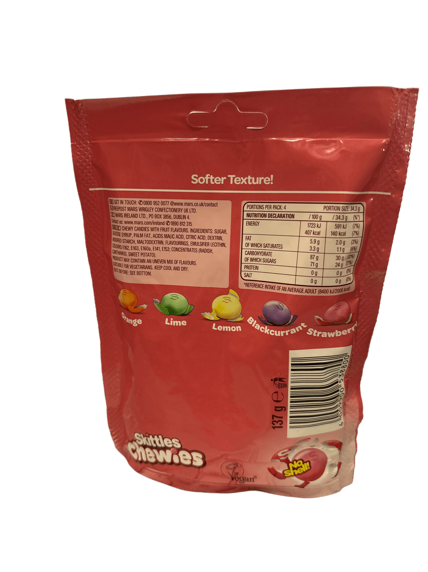Back of Skittles Chewies candy bag showing nutrition facts, flavors, and ingredient list