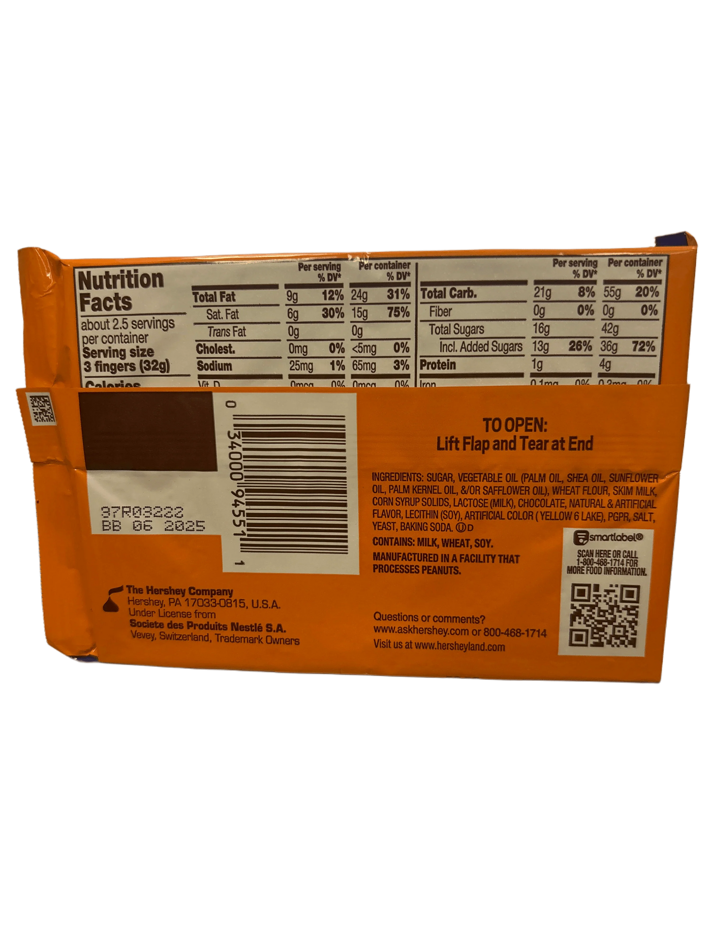 Back of exotic chocolate bar package showing nutrition facts, ingredients, and barcode
