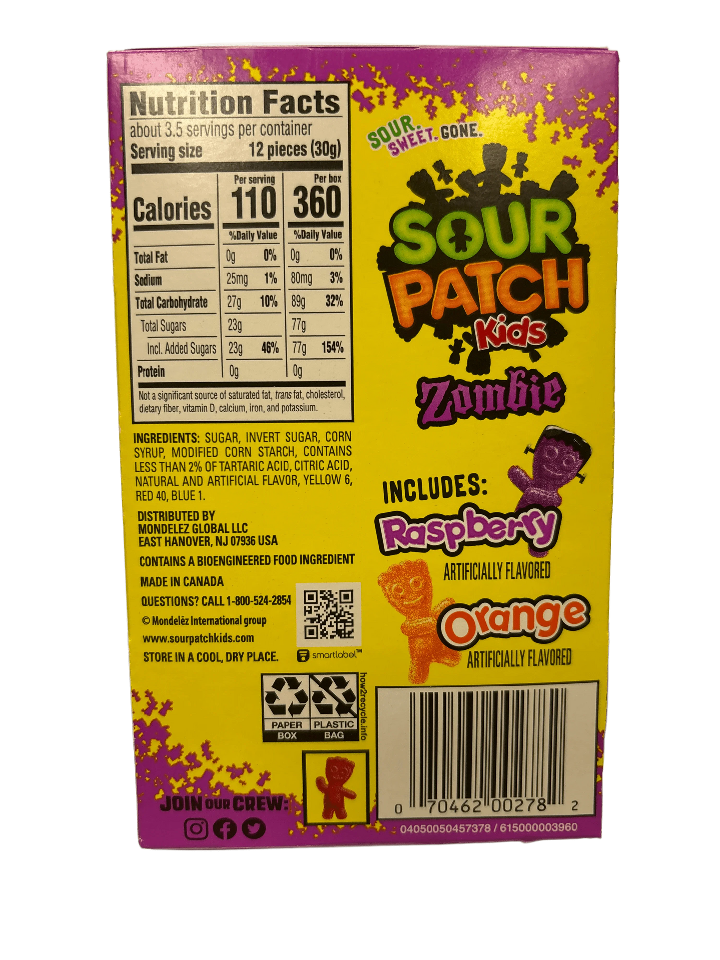 Sour Patch Kids Zombie candy box with nutrition facts and raspberry, orange flavors