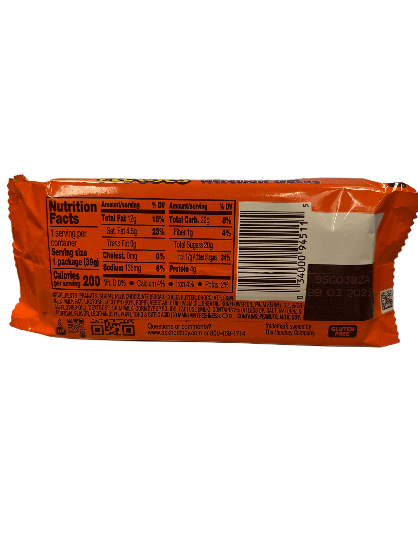 Back of candy bar wrapper with nutrition facts, ingredients, and gluten free label