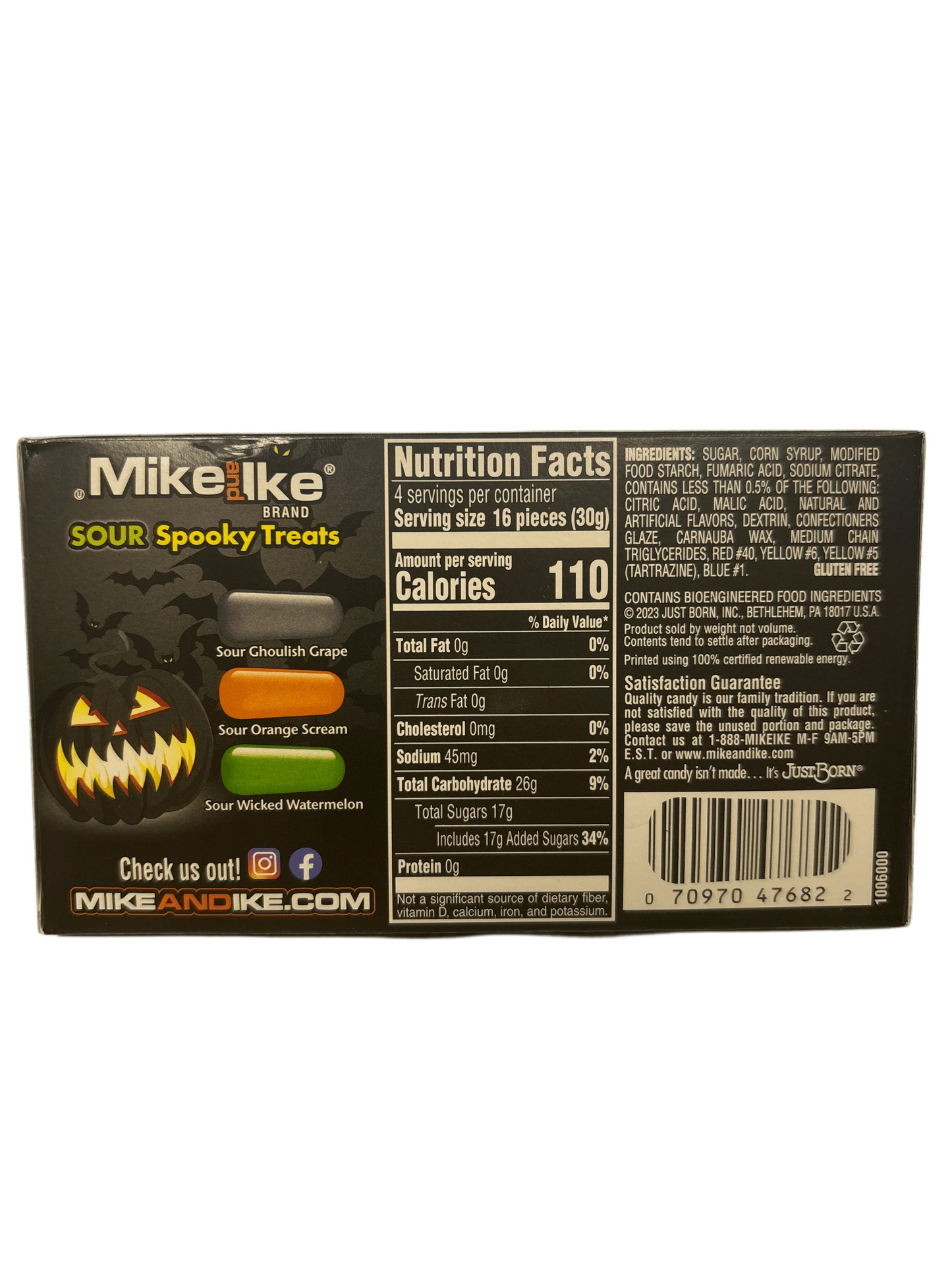 Mike and Ike Sour Spooky Treats candy box with Halloween design and nutrition facts