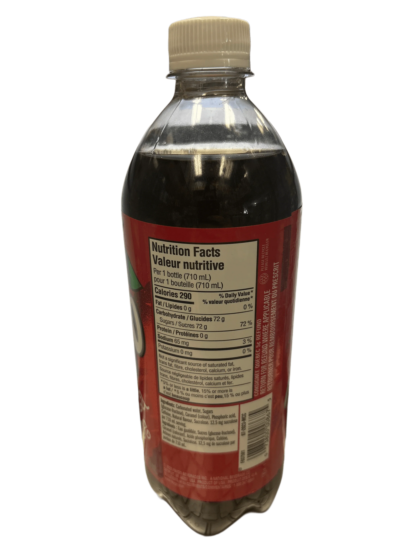 Imported carbonated soft drink bottle with nutrition facts label, exotic beverage