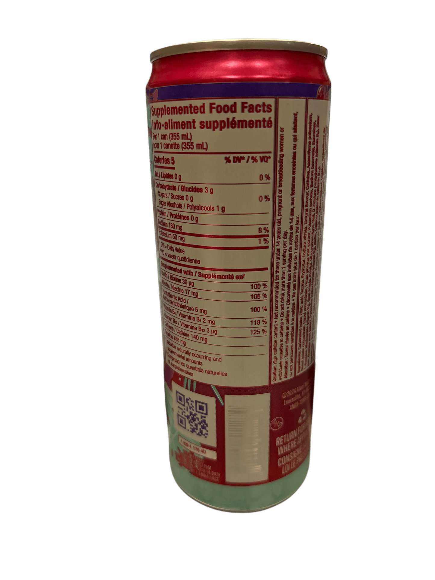 Imported exotic canned drink with nutrition facts label, red and teal design