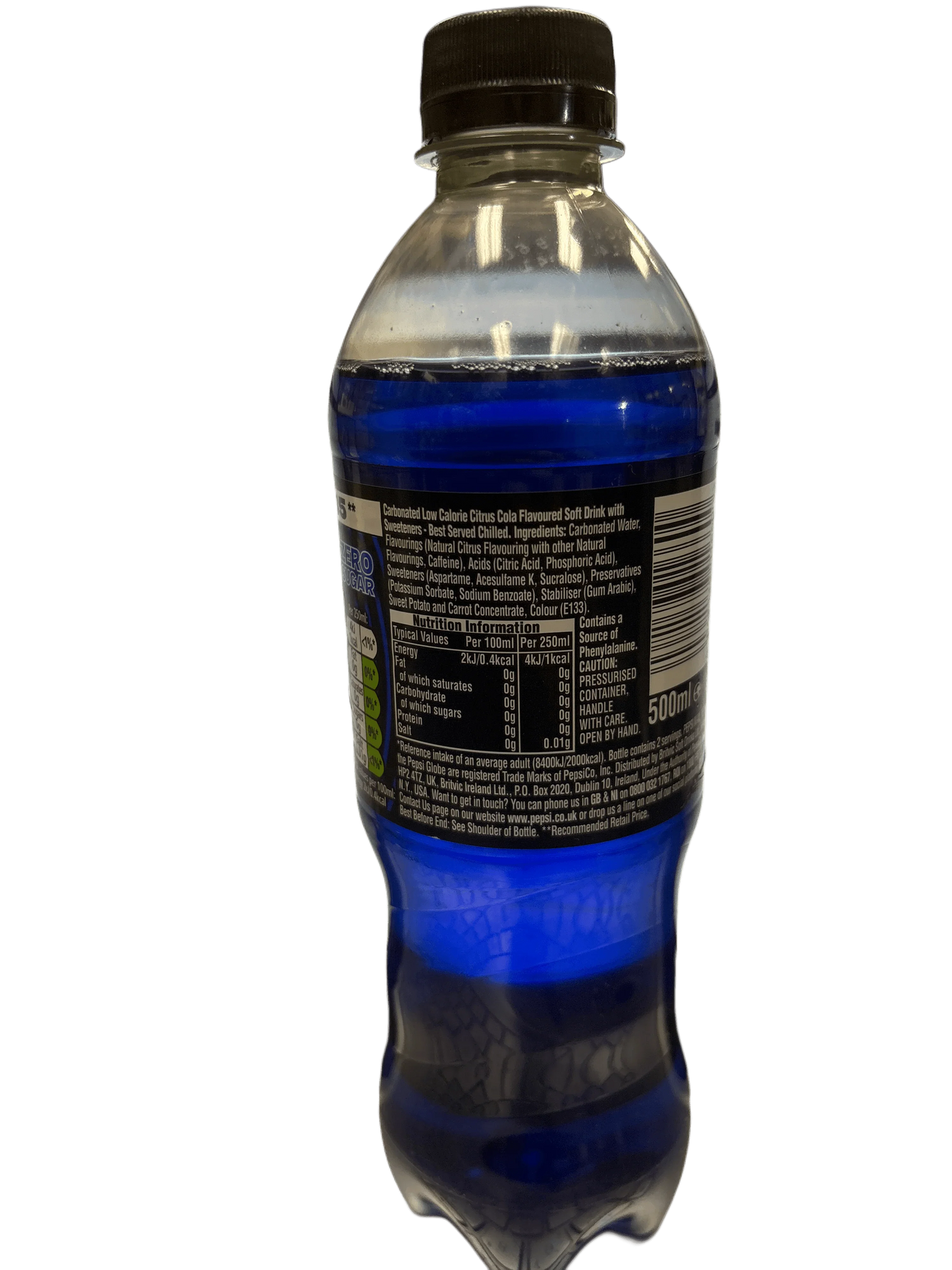 500ml plastic bottle of blue exotic soda with nutrition label, global snack drink