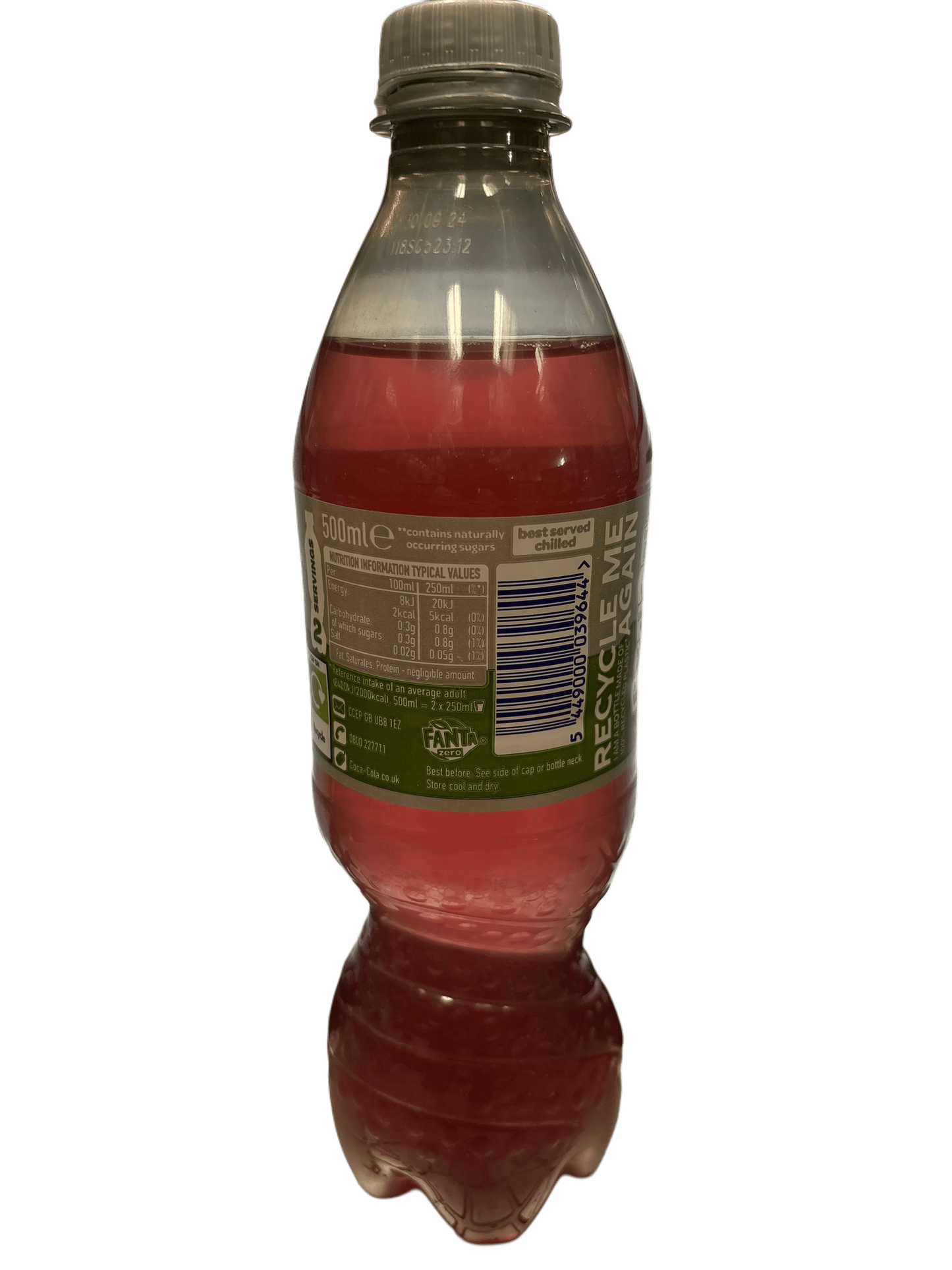 500mL plastic bottle of pink Fanta exotic soda with label and barcode visible