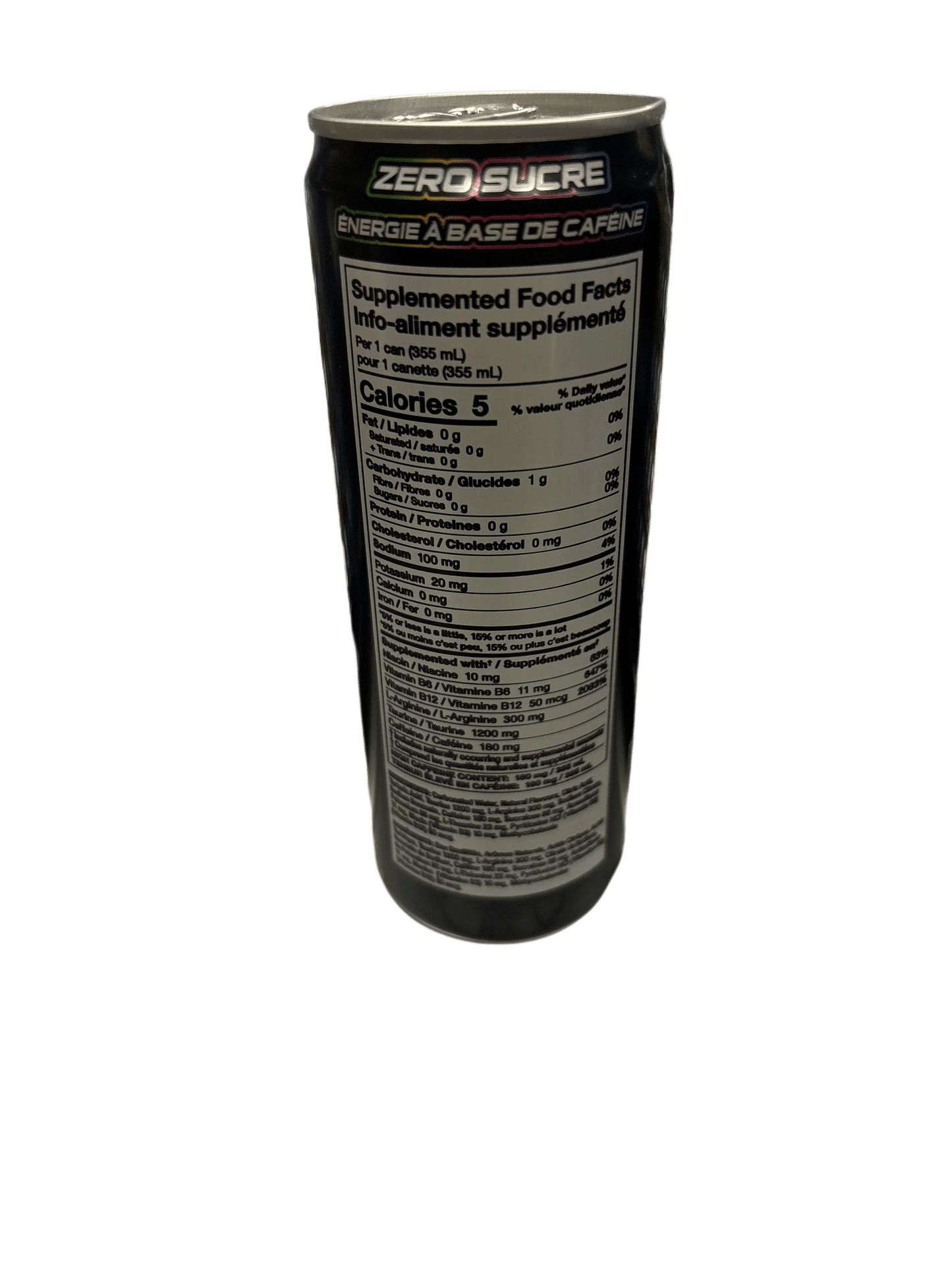 Imported energy drink can with zero sugar, showing nutrition facts label