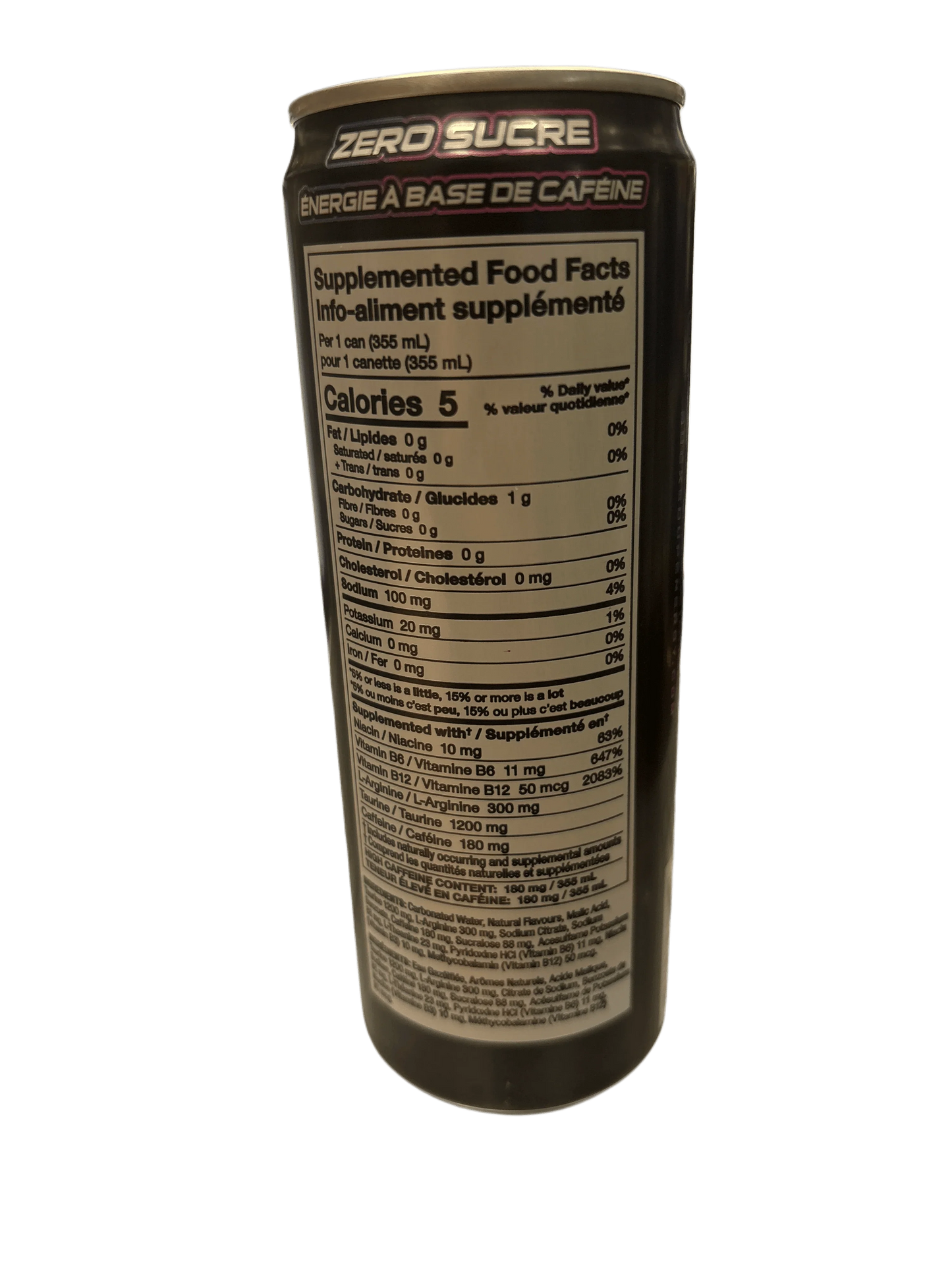 Zero sugar energy drink can with French and English nutrition facts visible