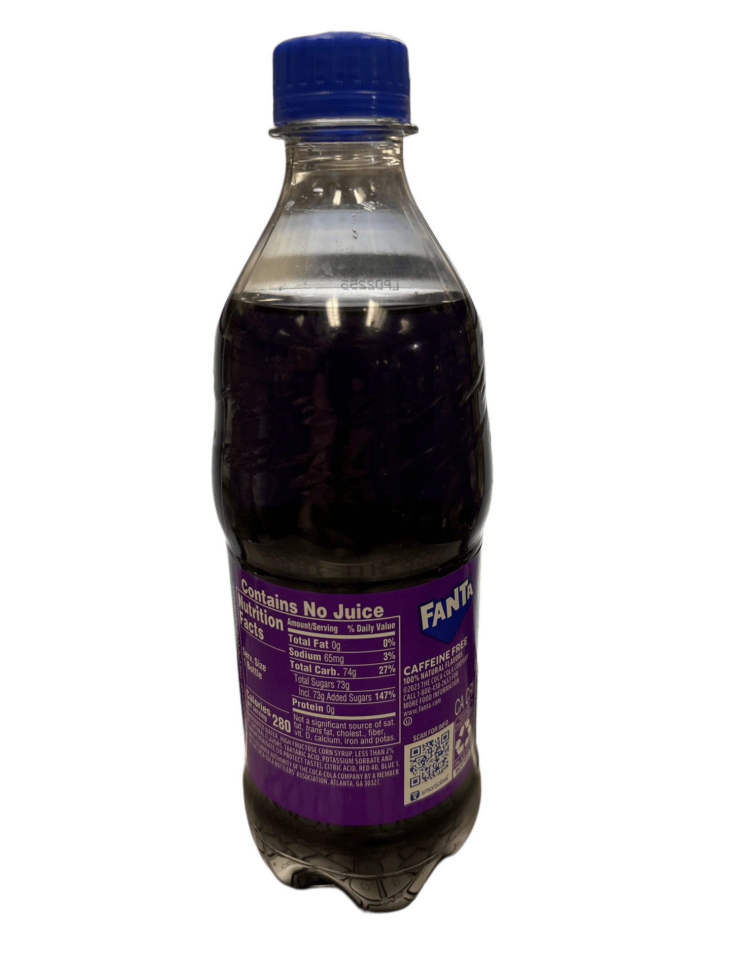 Exotic Fanta soda bottle with purple label and blue cap, nutrition facts visible