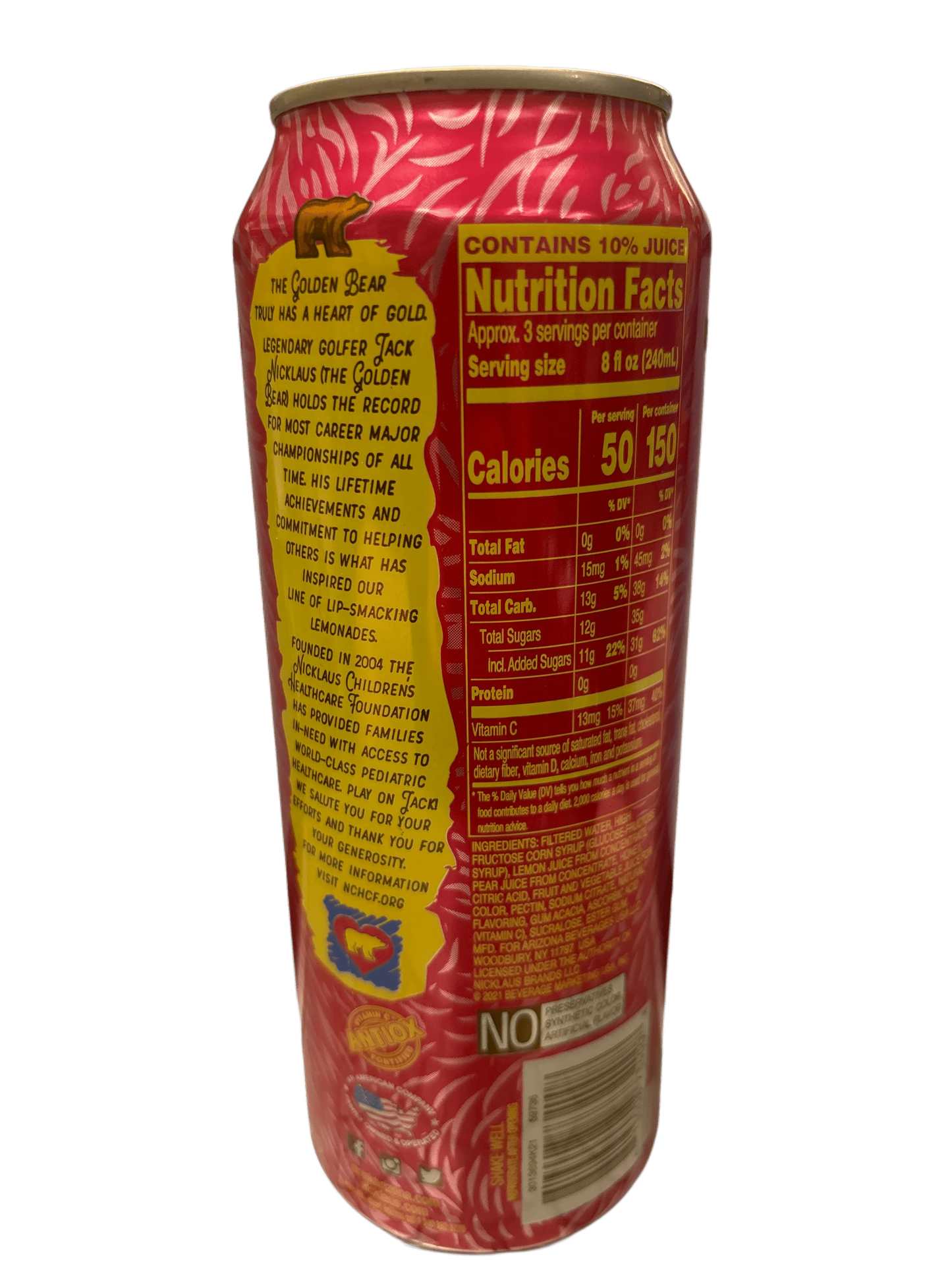 Imported exotic drink can with pink and yellow design, featuring nutrition facts and product story.