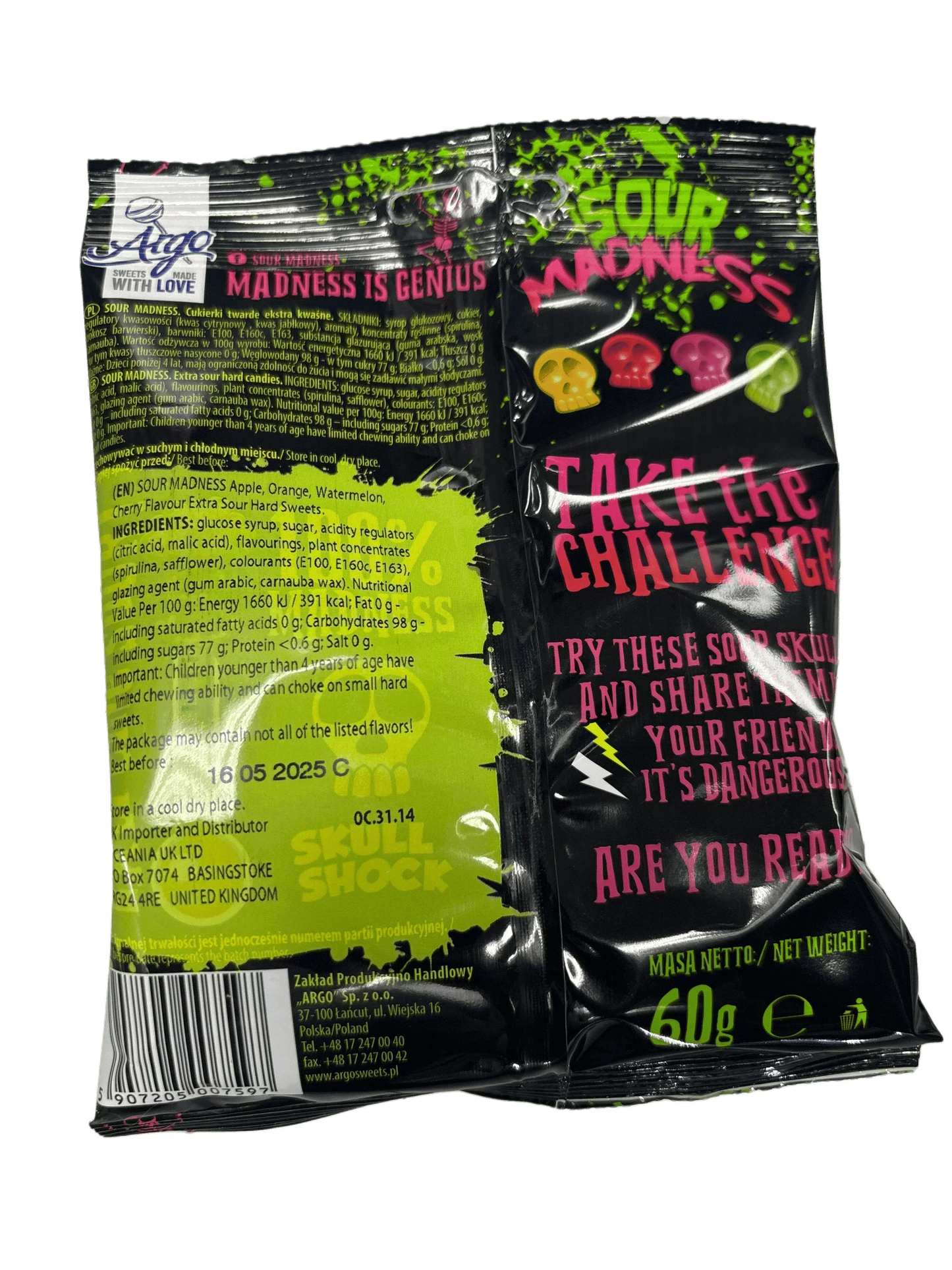 Back of Sour Madness Skull Shock sour candy packaging with colorful skull graphics and product details