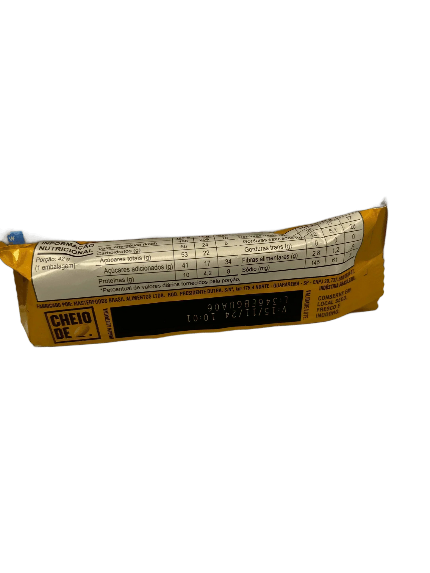 Back of exotic snack bar with visible nutritional information and yellow packaging.