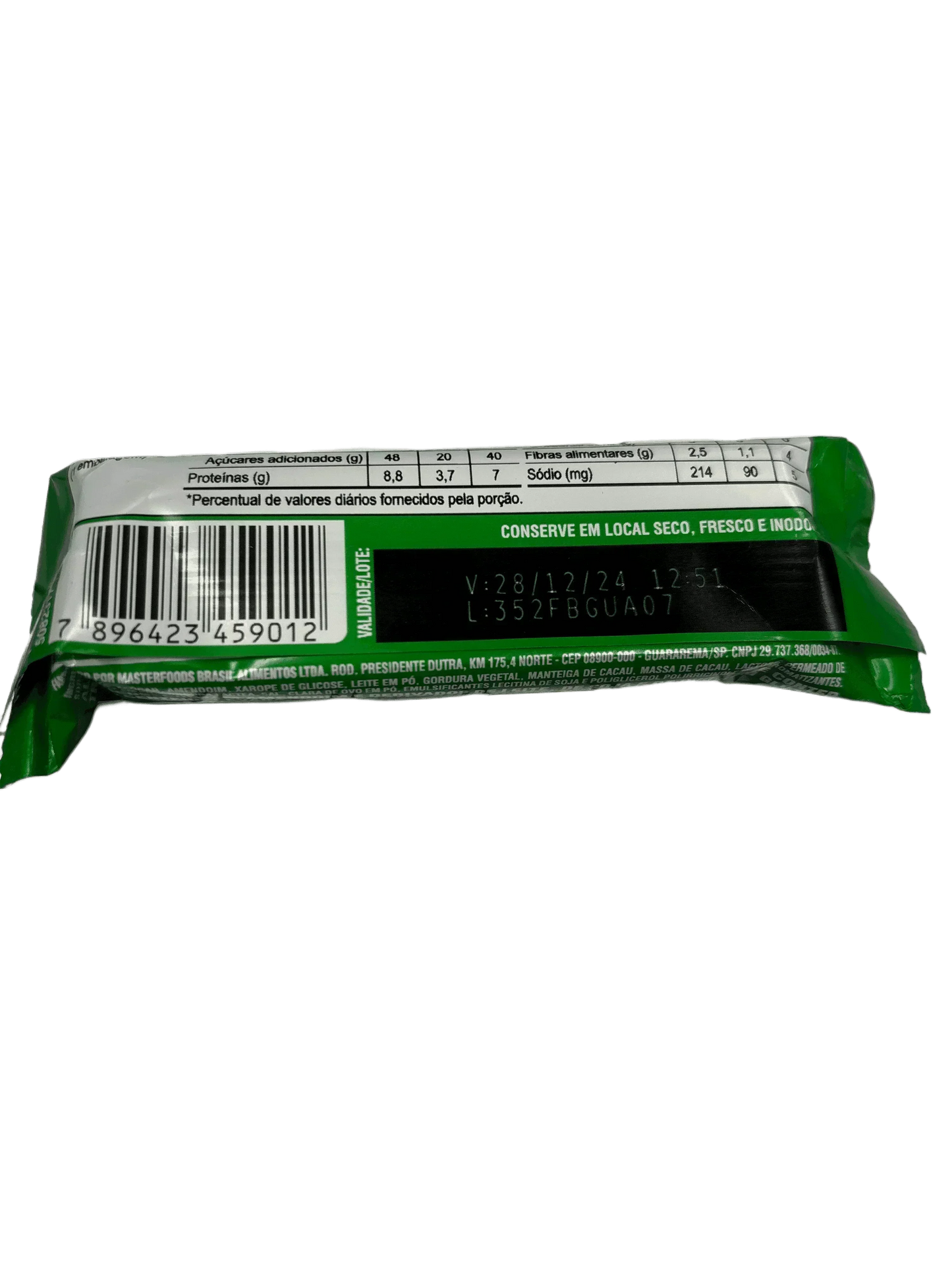 Back of exotic snack bar wrapper showing nutritional facts, barcode, and expiration date.