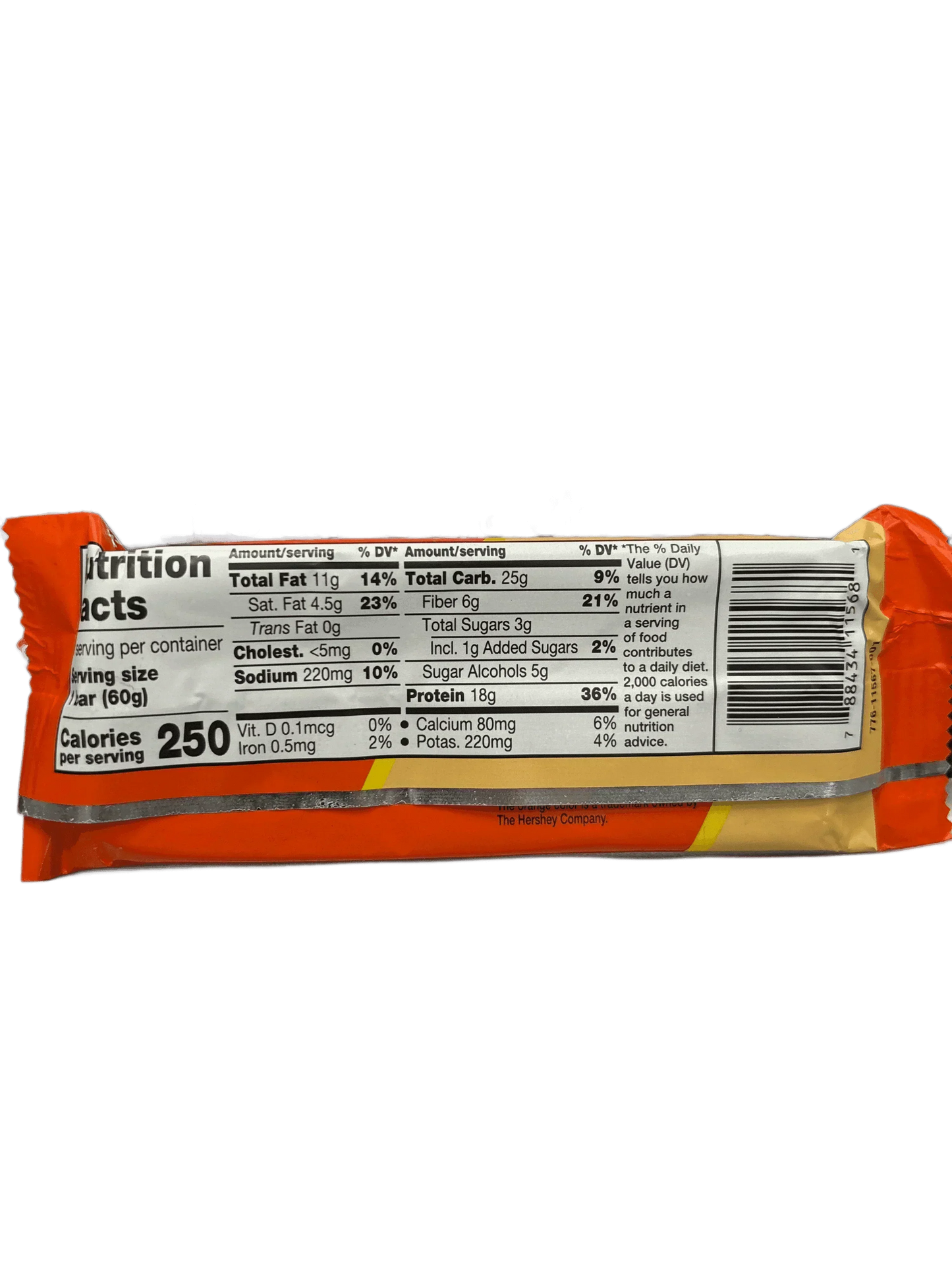Protein snack bar nutrition facts label with calories, fat, carbs, and protein information
