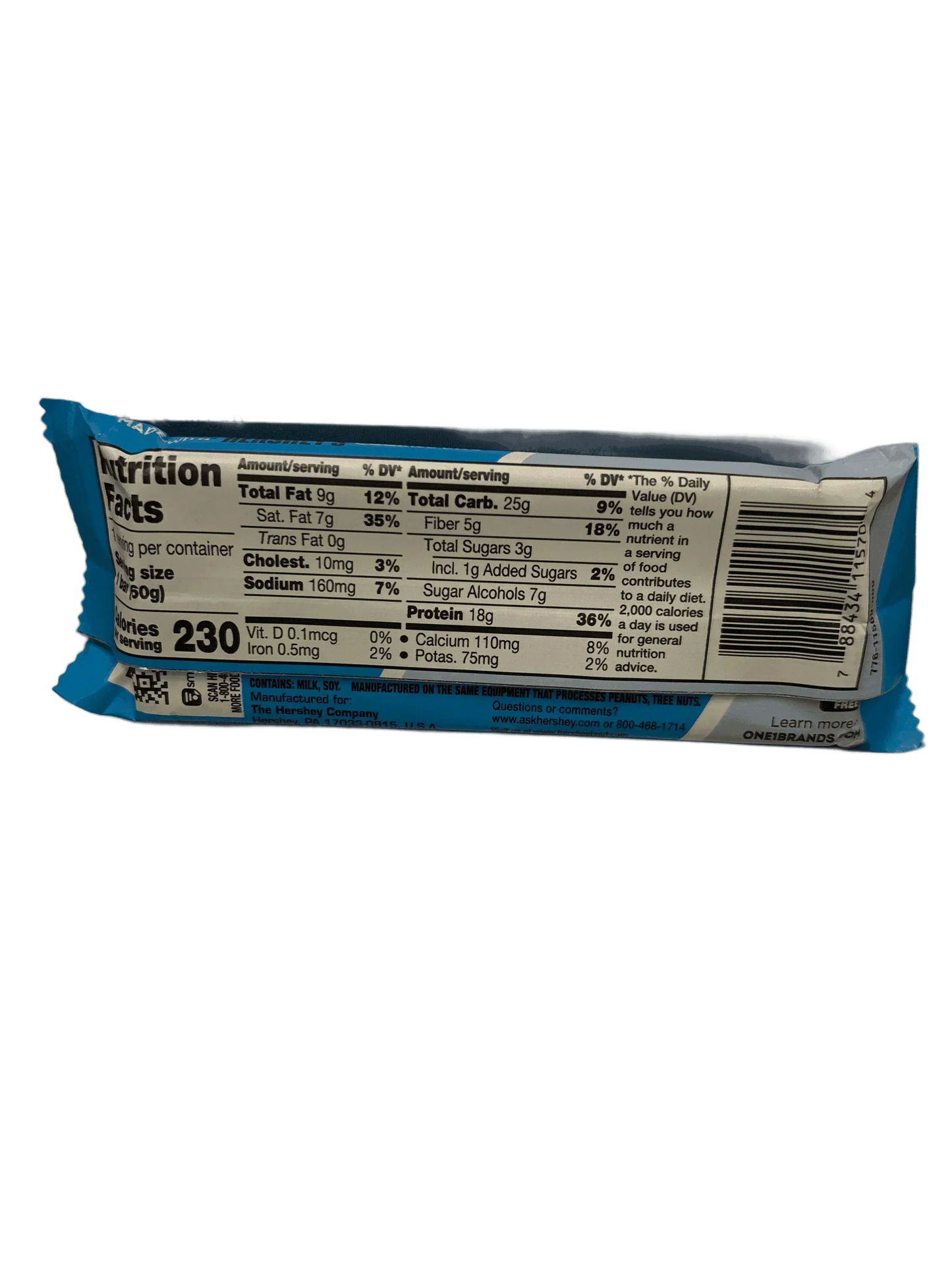 Protein snack bar nutrition facts label showing calories, fat, carbs and ingredients