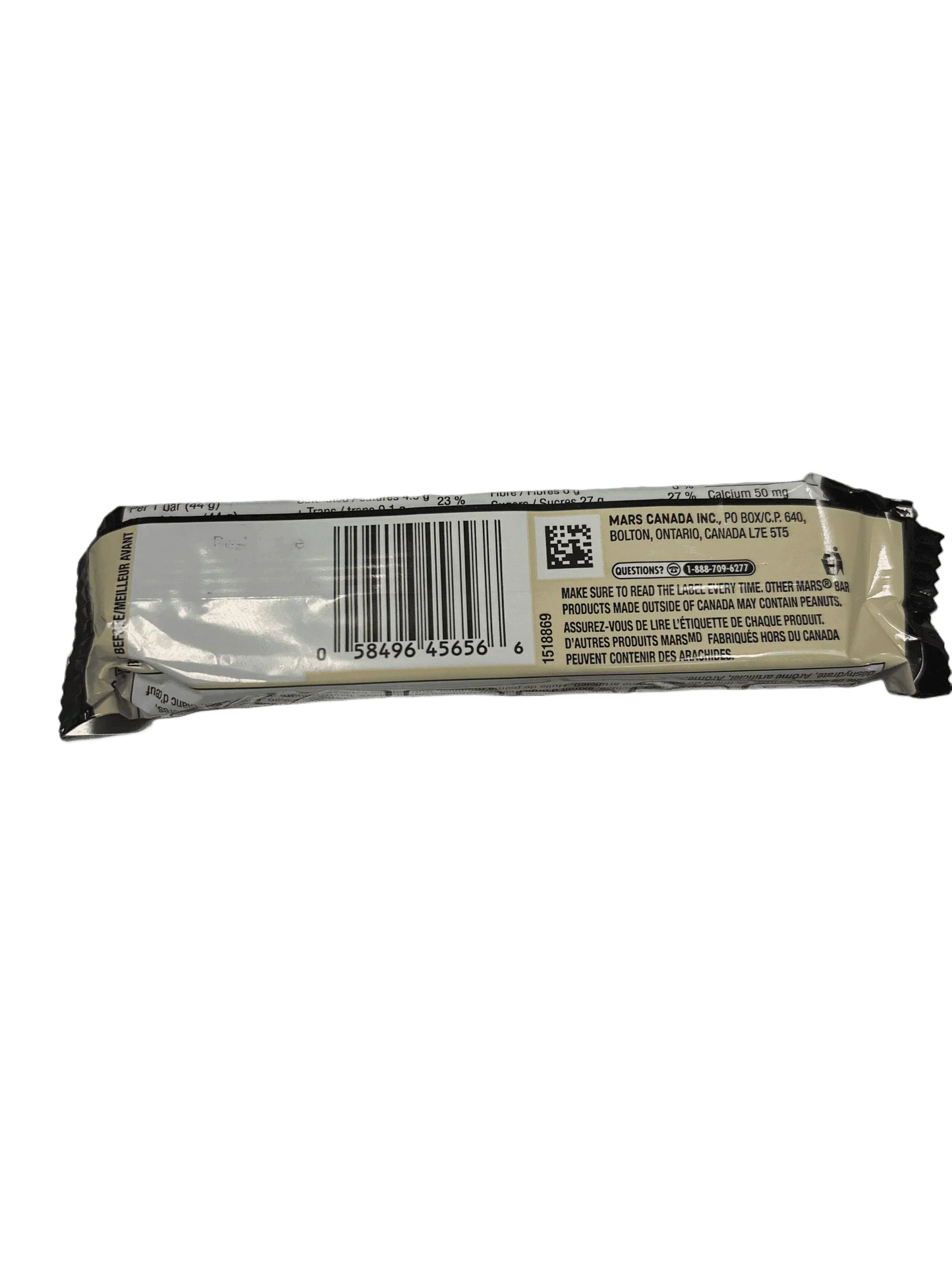 Back of exotic snack bar with barcode, ingredient details, and Mars Canada label.