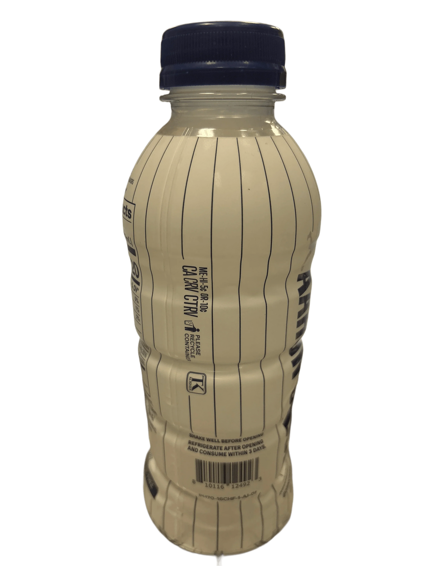 White and blue striped exotic drink bottle with blue cap, side view, imported beverage