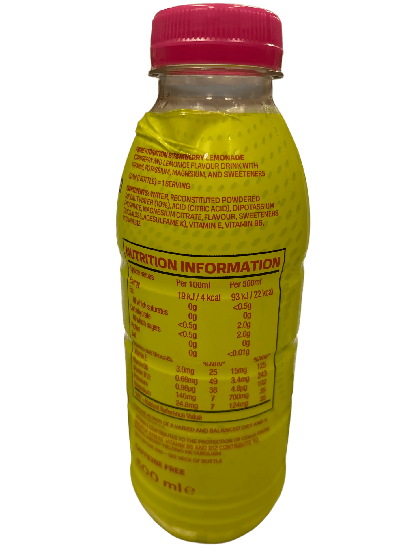 Strawberry lemonade hydration drink bottle with nutrition information and pink cap