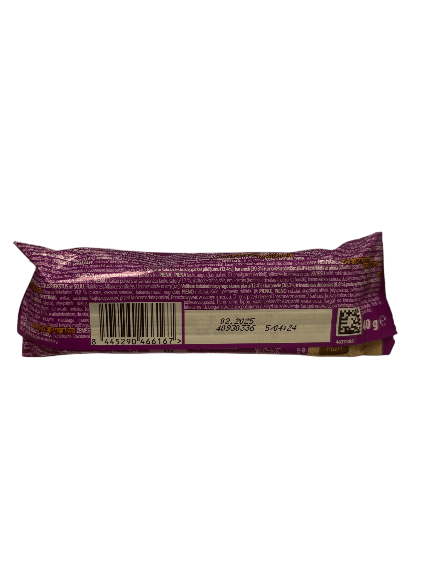 Back of an imported chocolate snack bar with barcode and nutrition details, purple wrapper