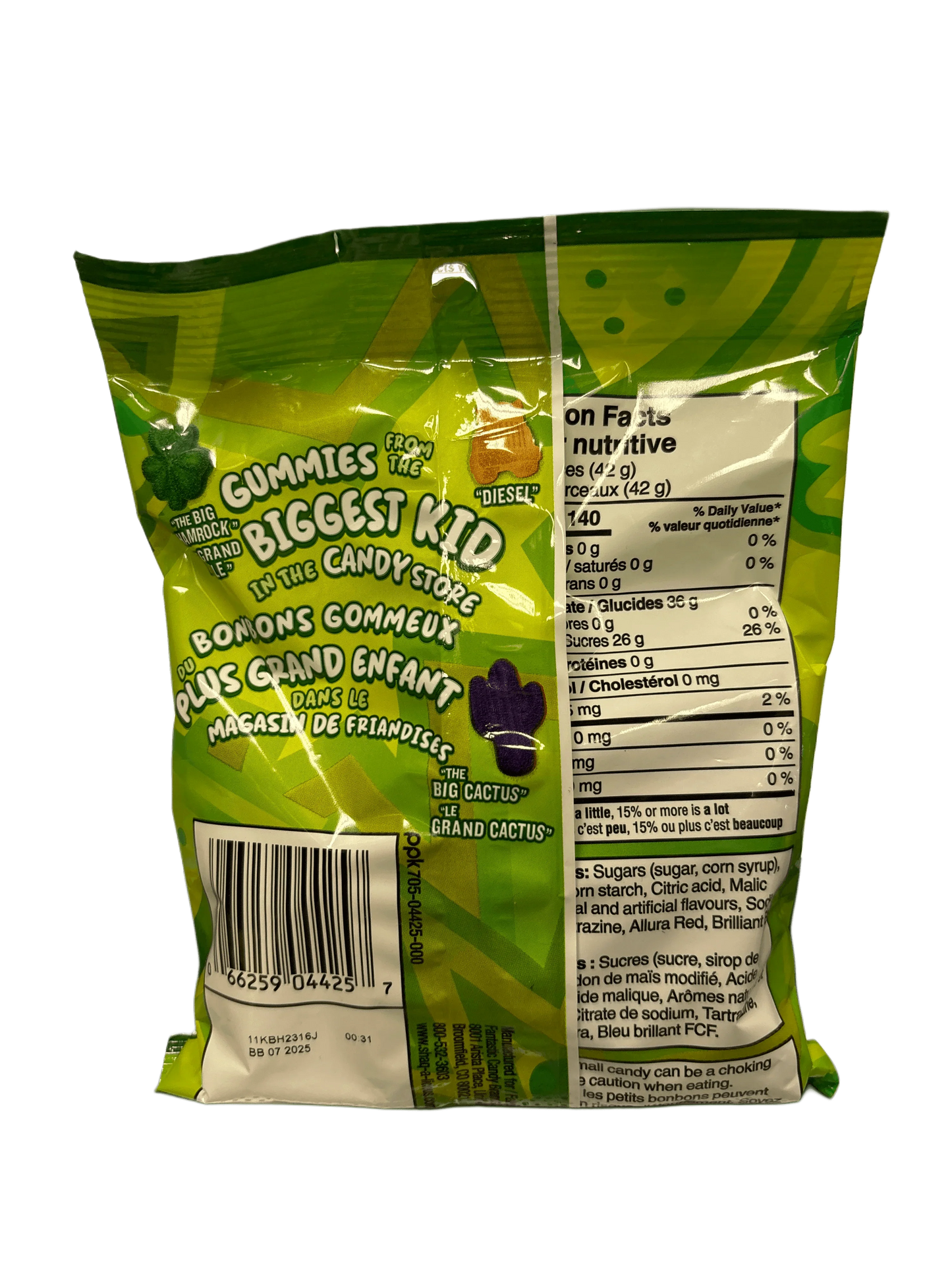 Back of a green gummy candy bag with nutrition facts and barcode, exotic snack packaging.