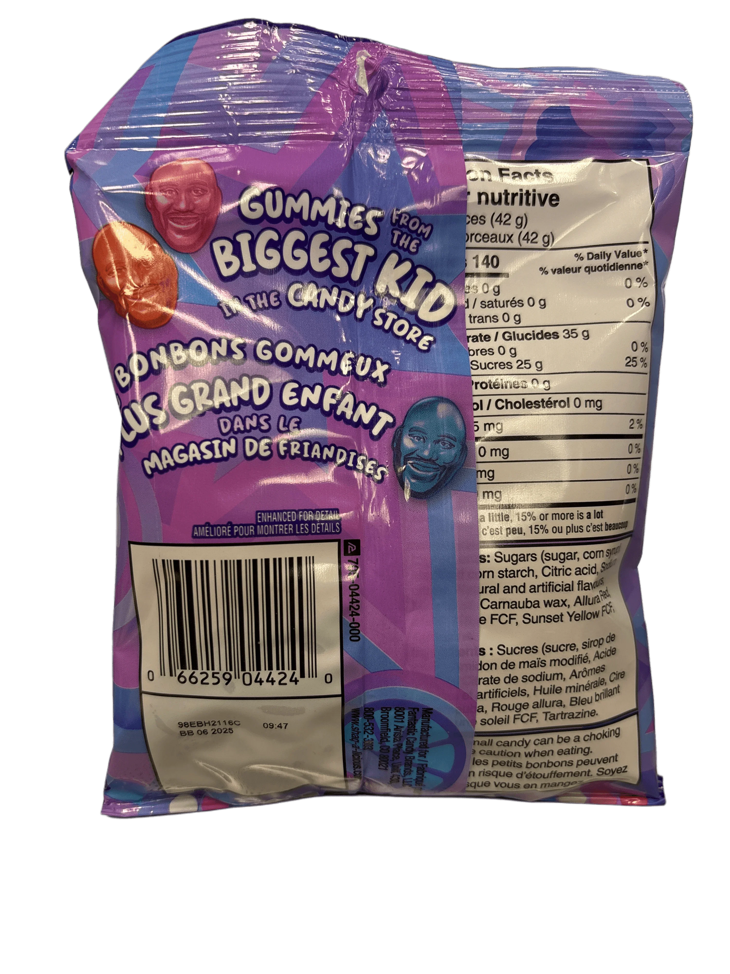 Back of a colorful bag of gummies candy, with nutrition facts, barcode and playful illustrations.