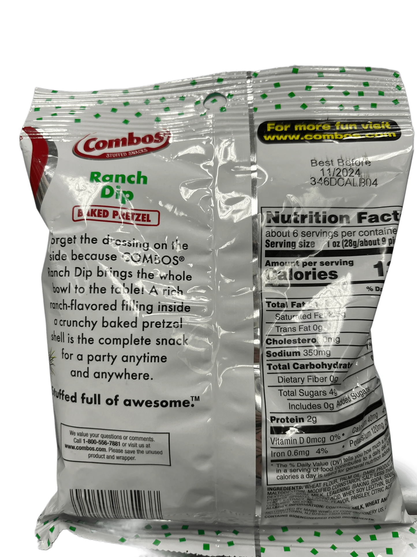 Back of Combos Ranch Dip Baked Pretzel snack bag with nutrition facts and description