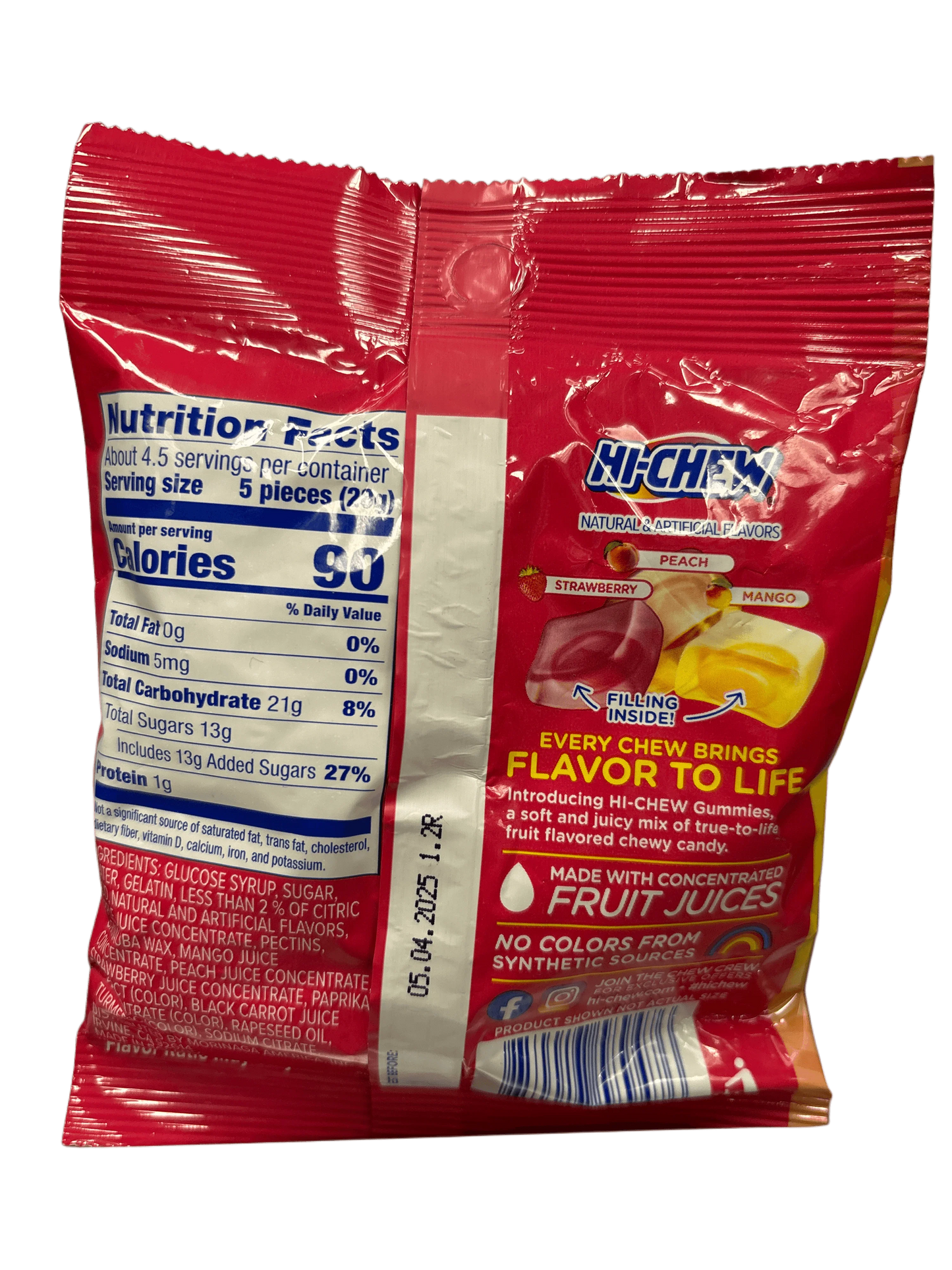 Back of Hi-Chew gummies candy bag with nutrition facts and fruit flavor graphics